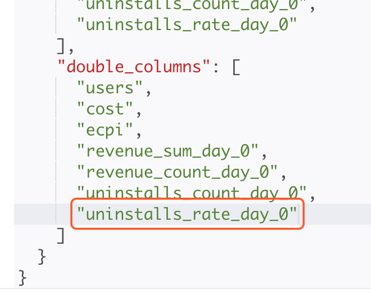 集成配置 JSON 的 double_columns 末尾加入 uninstalls_rate_day_0，框出该项