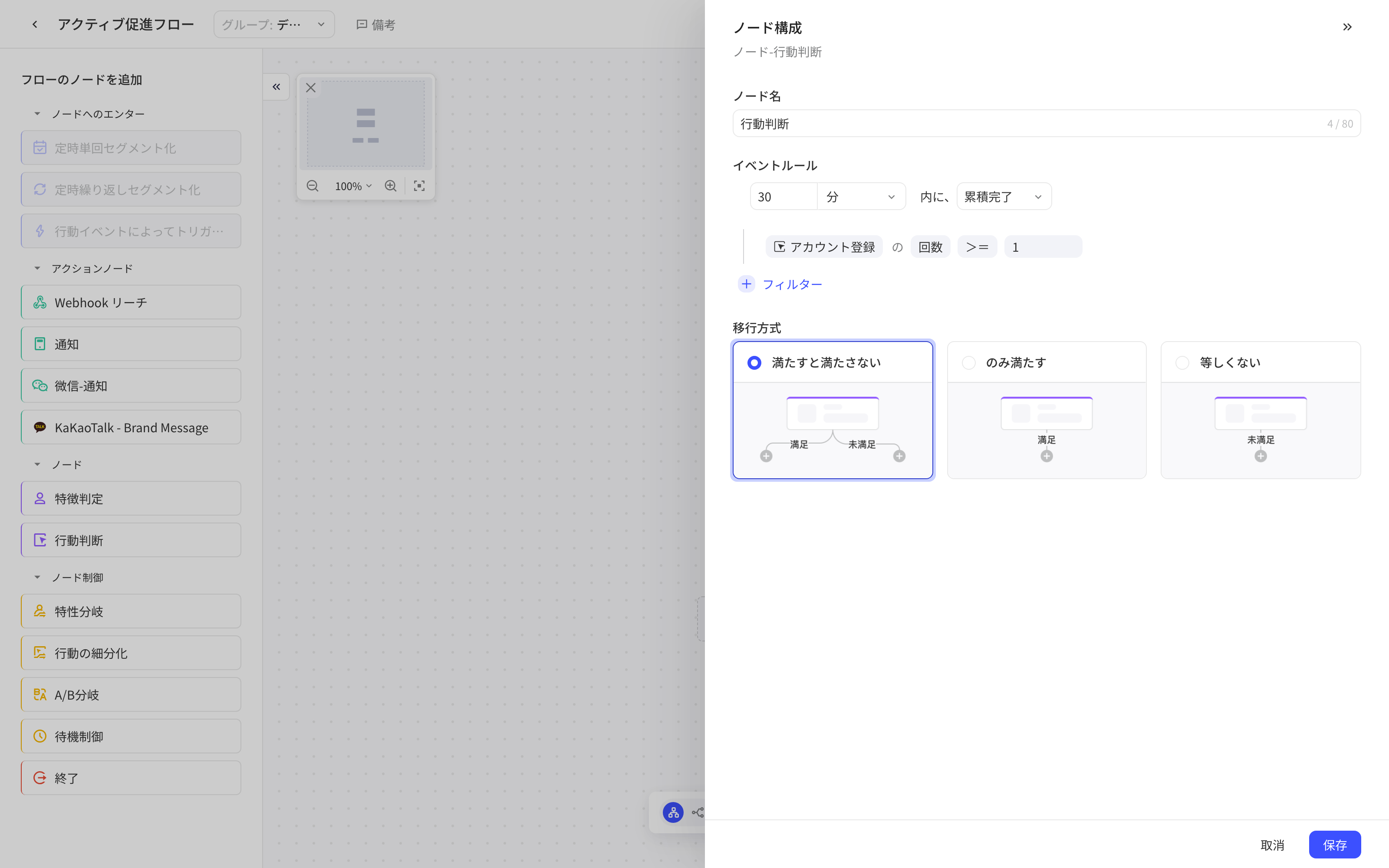 「行为判断」节点配置抽屉，含时间窗口内的事件规则和三种流转方式