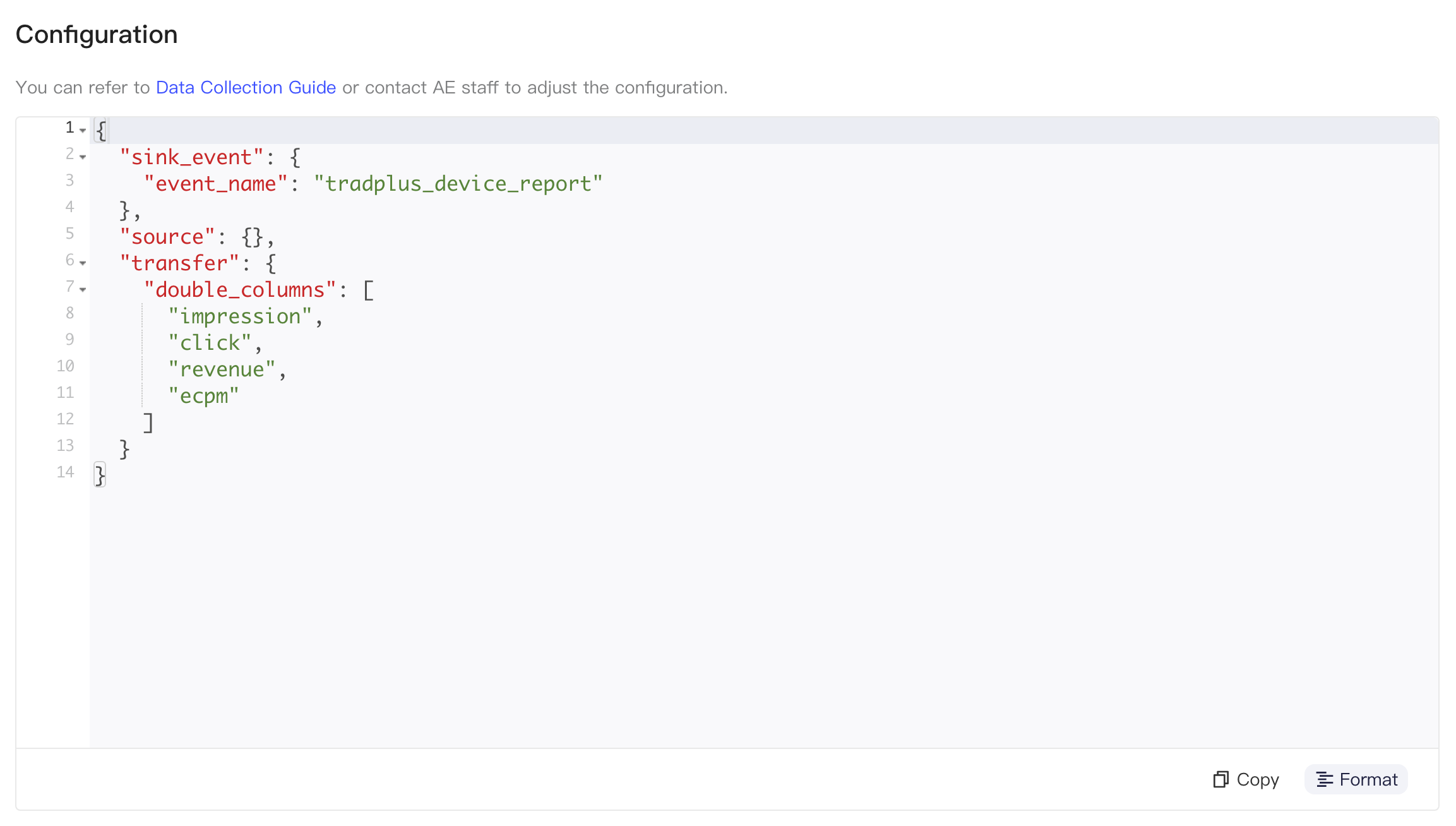 TradPlus 设备层级数据报告 API 集成配置区块，JSON 含 sink_event 和 transfer.double_columns