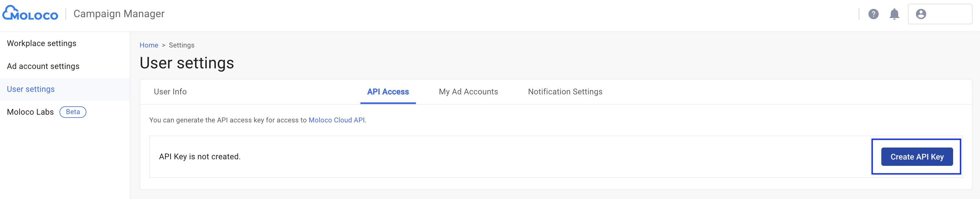 Moloco 后台 User settings 的 API Access 页，框出 Create API Key 按钮