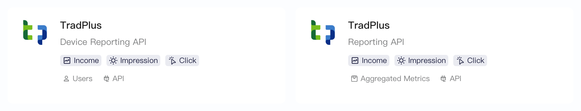 选择三方集成平台中 TradPlus 的设备层级数据报告 API 和综合报表查询 API 两张卡片