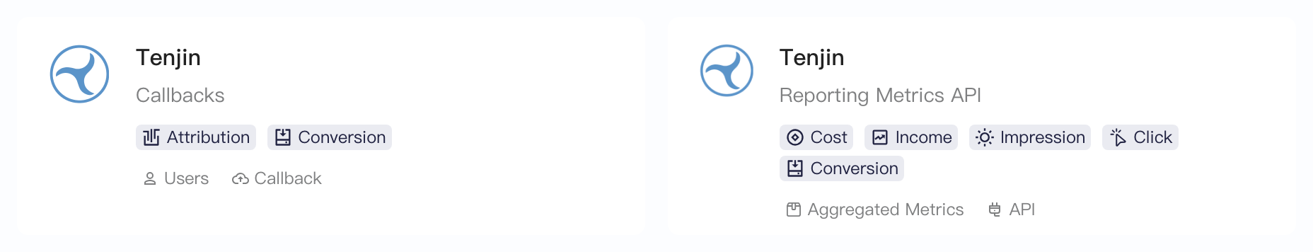 三方集成平台列表中 Tenjin 的实时回调接口与 Reporting Metrics API 两张卡片