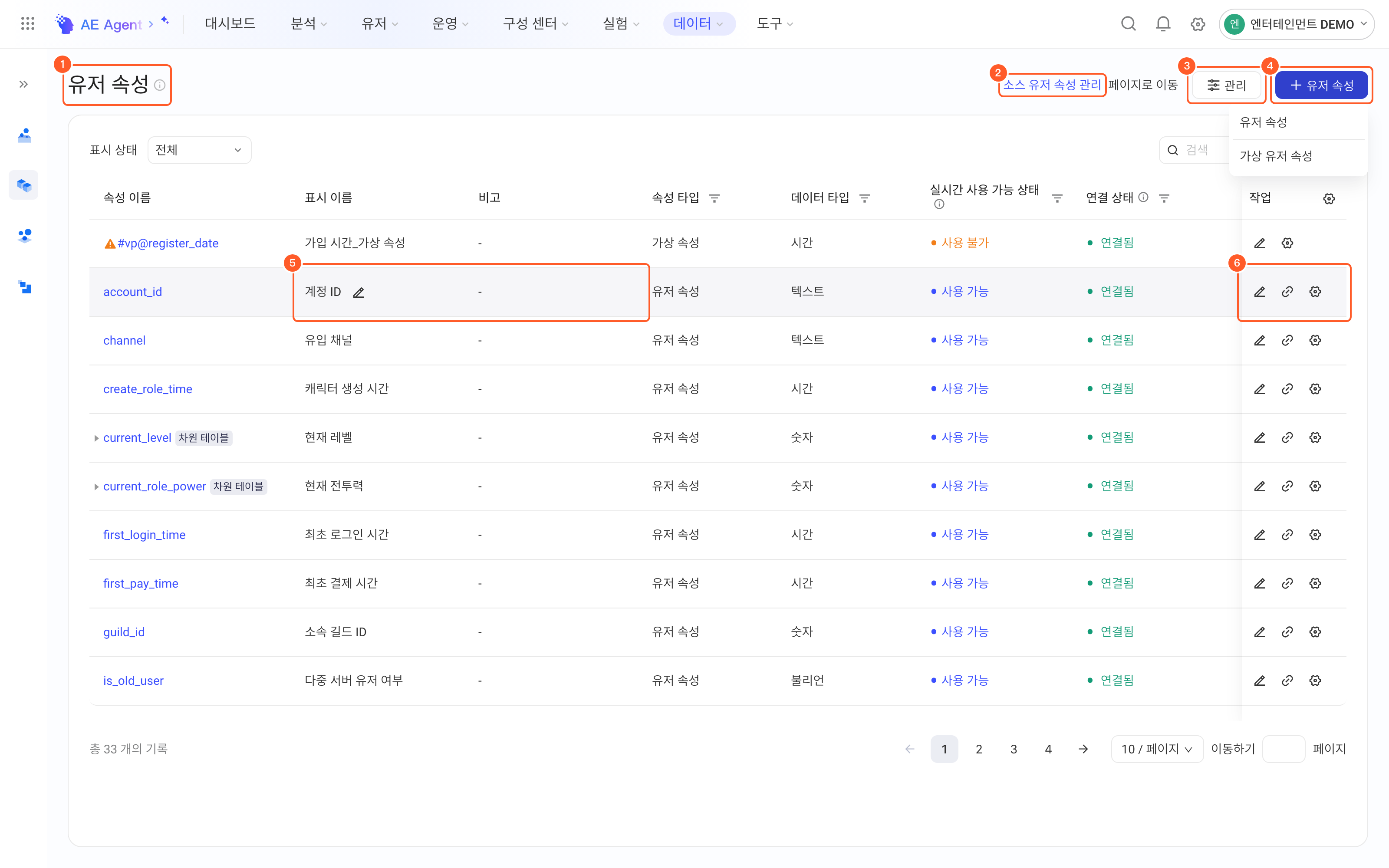 用户属性列表页上各功能权限对应的入口