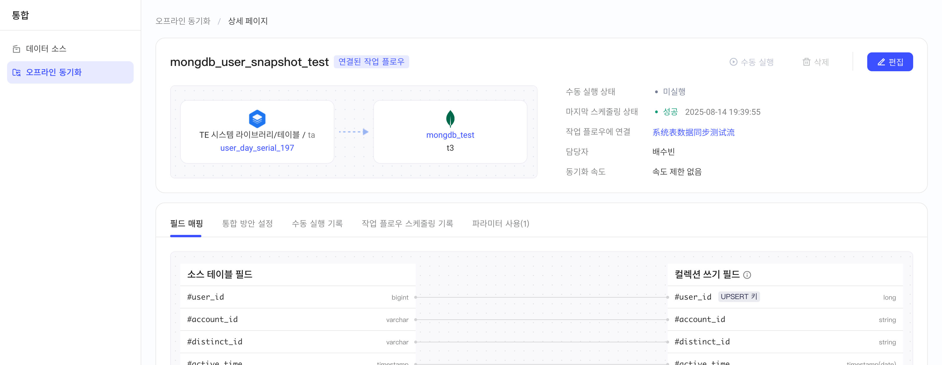 去向为 MongoDB 的离线同步集成方案详情页，含来源表、目标集合、执行状态和字段映射