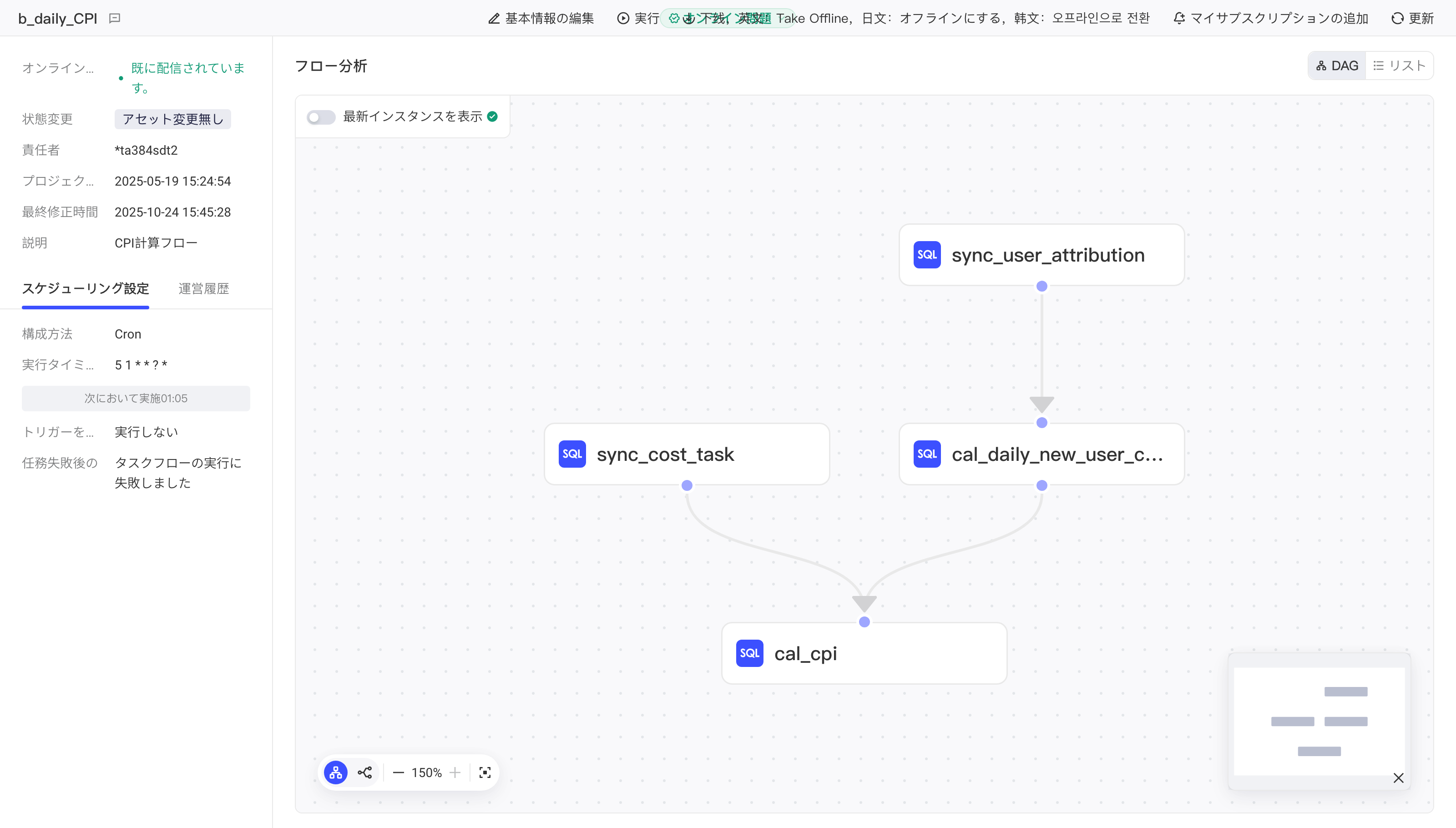 任务流线上模式界面，含顶部导航区、左侧基本信息区和右侧任务流展示区