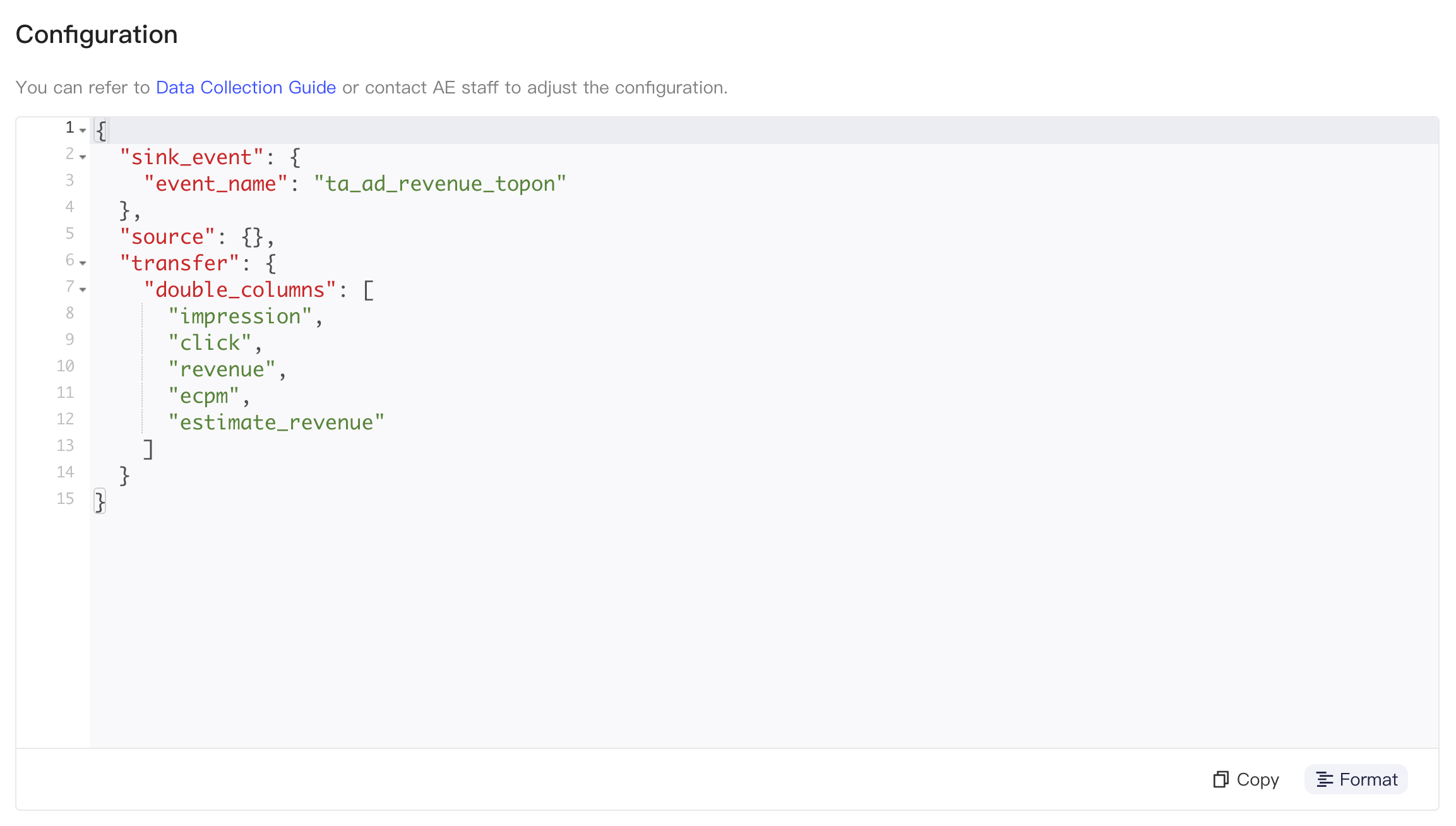 TopOn 设备层级数据报告的集成配置 JSON，含入库事件名和数值字段
