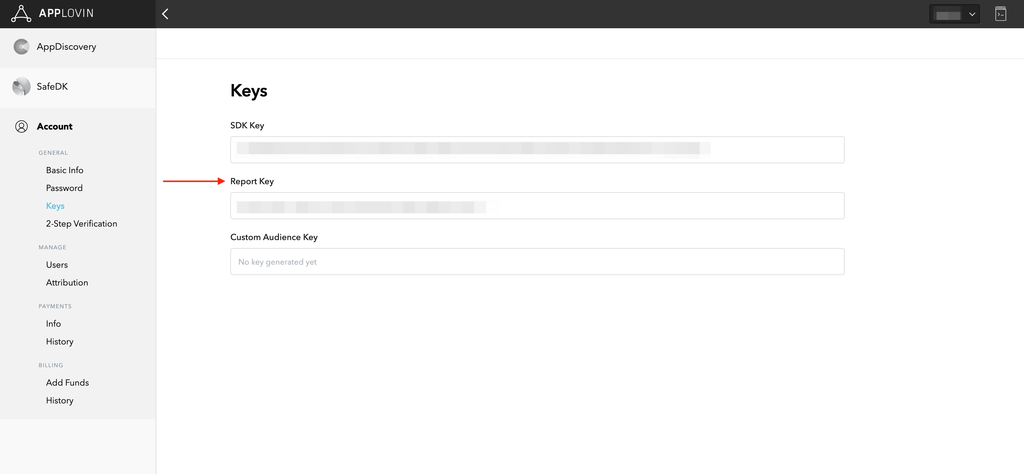 AppLovin 后台 Account → Keys 页，箭头指向 Report Key