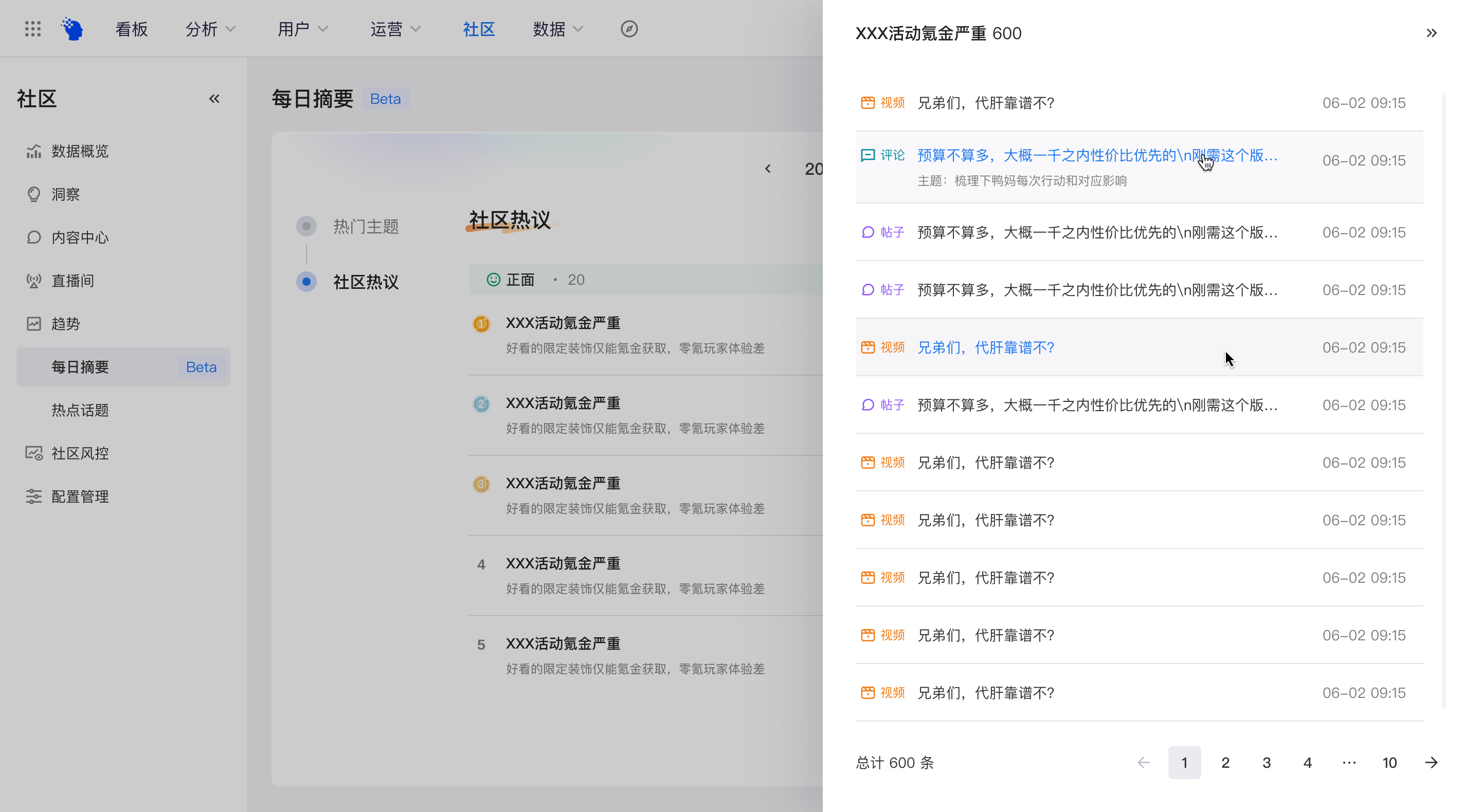 点击一条热议后右侧打开下钻抽屉，列出关联的视频和帖子