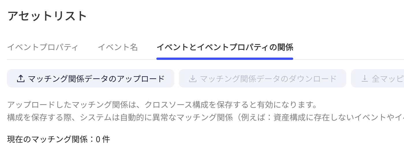 跨源事件表资产列表的「事件与事件属性关系」tab：上传、下载匹配关系等按钮和当前匹配关系条数
