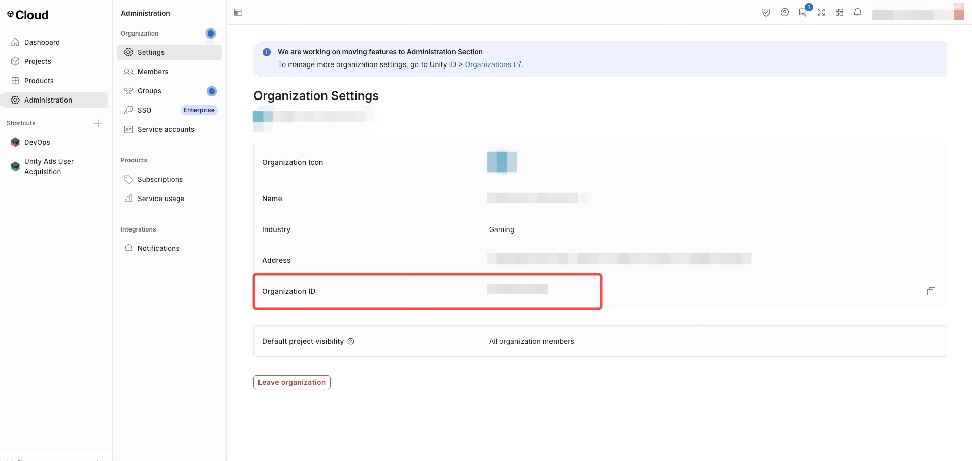 Unity Cloud 组织设置页，红框标出 Organization ID