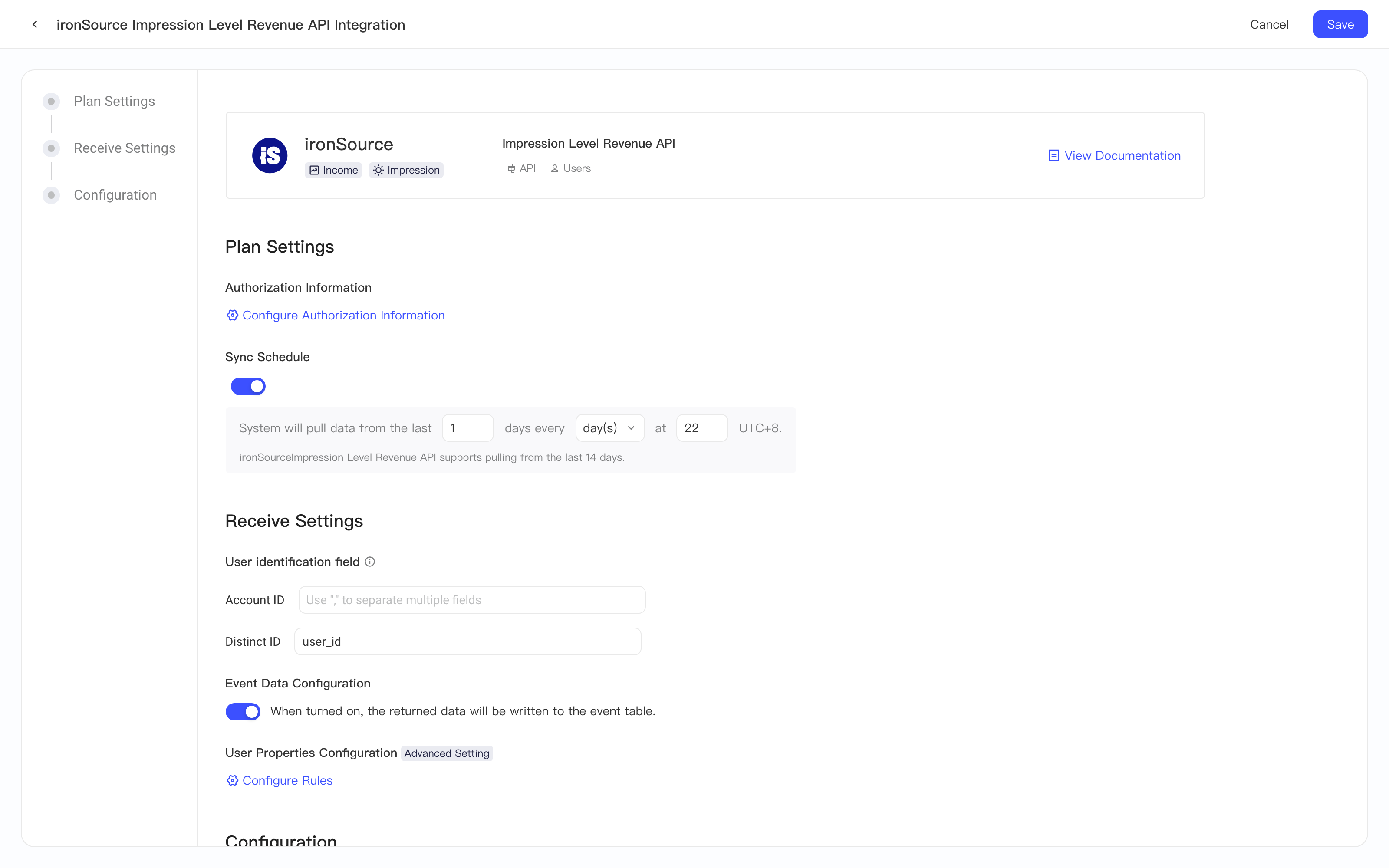ironSource Impression Level Revenue API 集成方案配置页：授权、定时拉取与入库设置