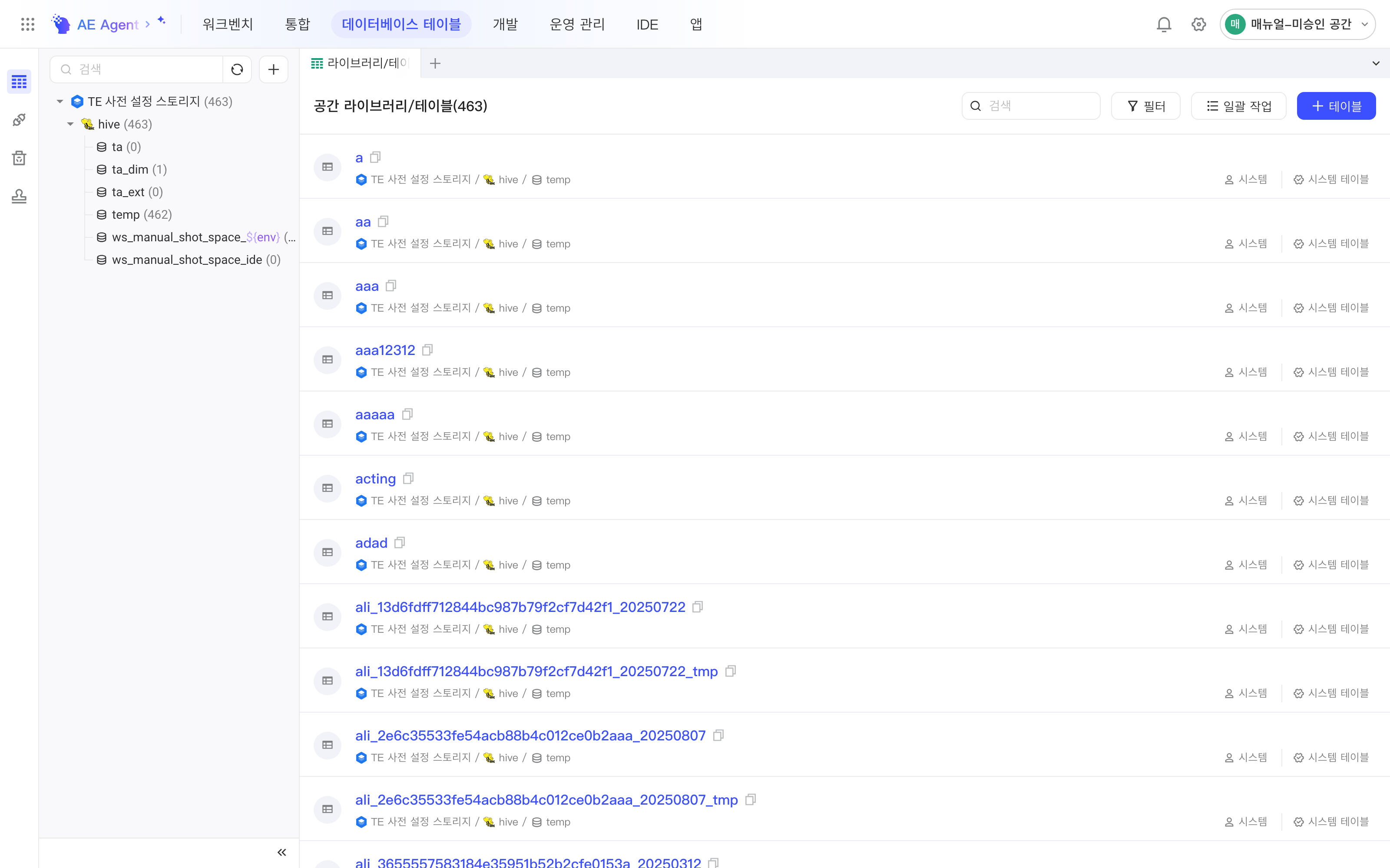 库表模块首页，左侧库表字典树，右侧空间库表列表和筛选、批量操作、新建表入口