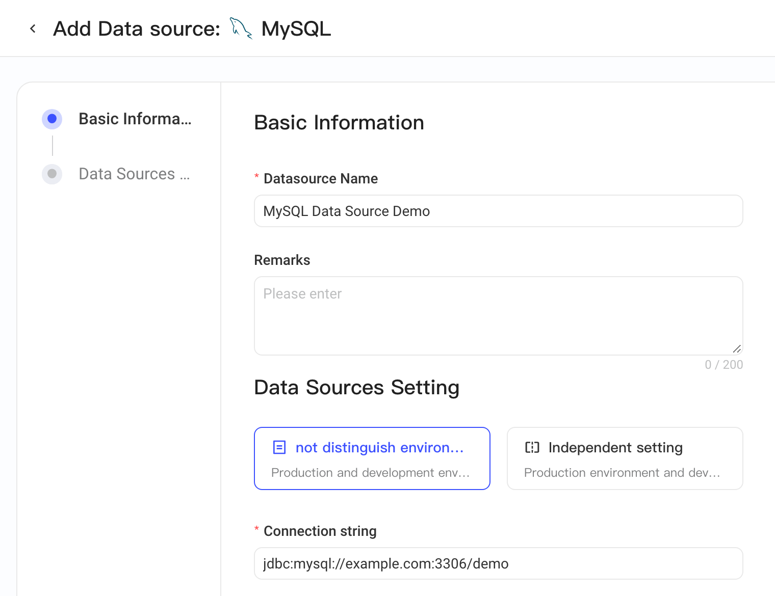 新增 MySQL 数据源表单：数据源名称、备注、环境配置方式和连接字符串