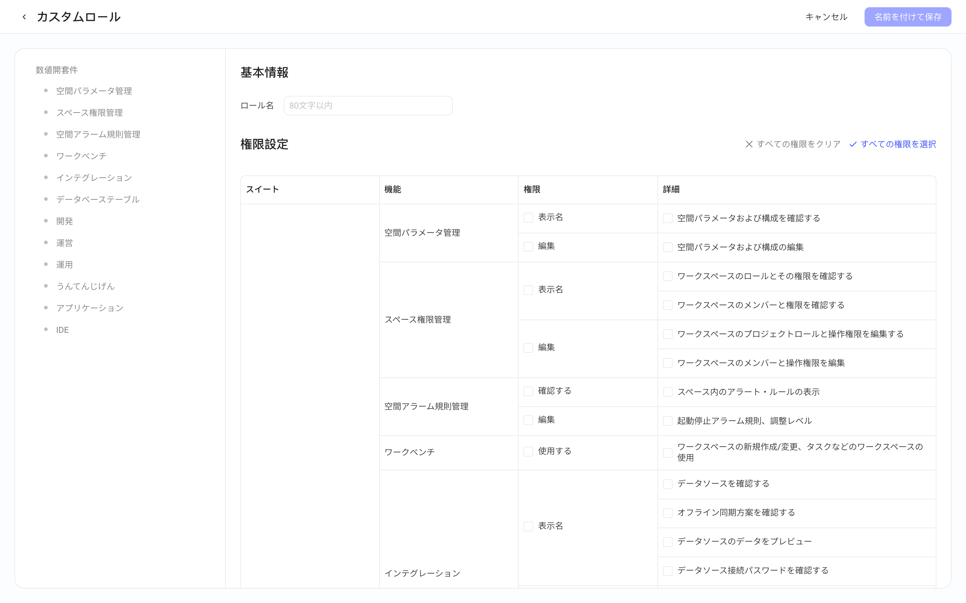 自定义角色新建页，填写角色名称并在权限配置表中按套件和功能勾选操作权限