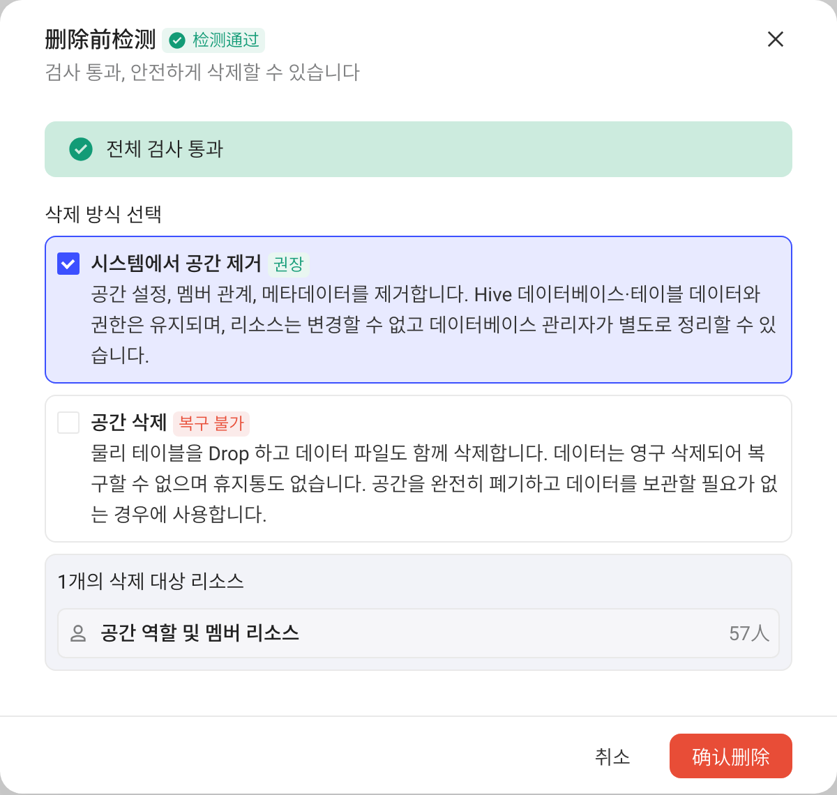 删除前检测弹窗，检测通过后选择从系统移除空间或删除空间，并列出待删除资产
