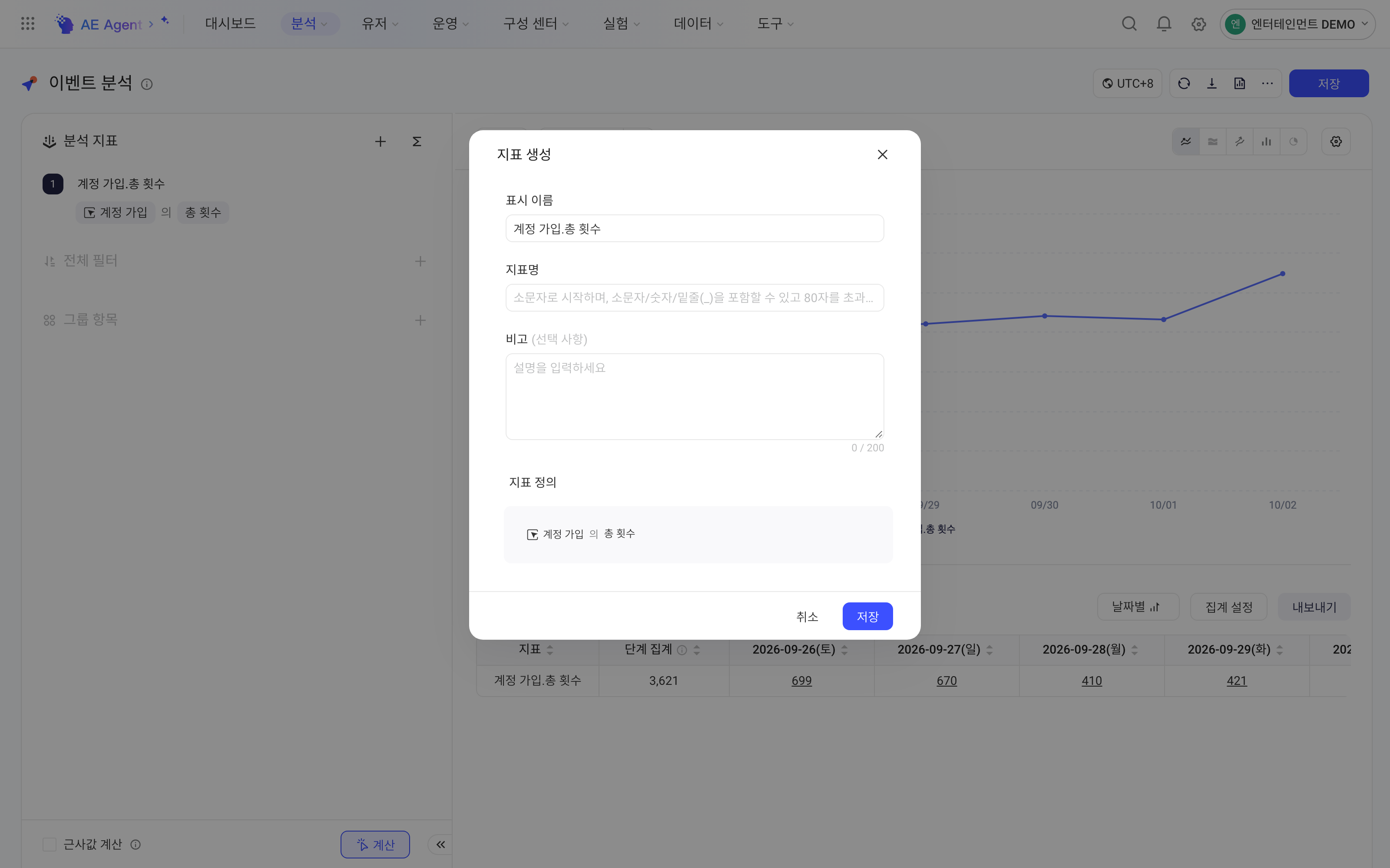 事件分析中的创建指标弹窗，填写显示名、指标名、备注并带入指标口径