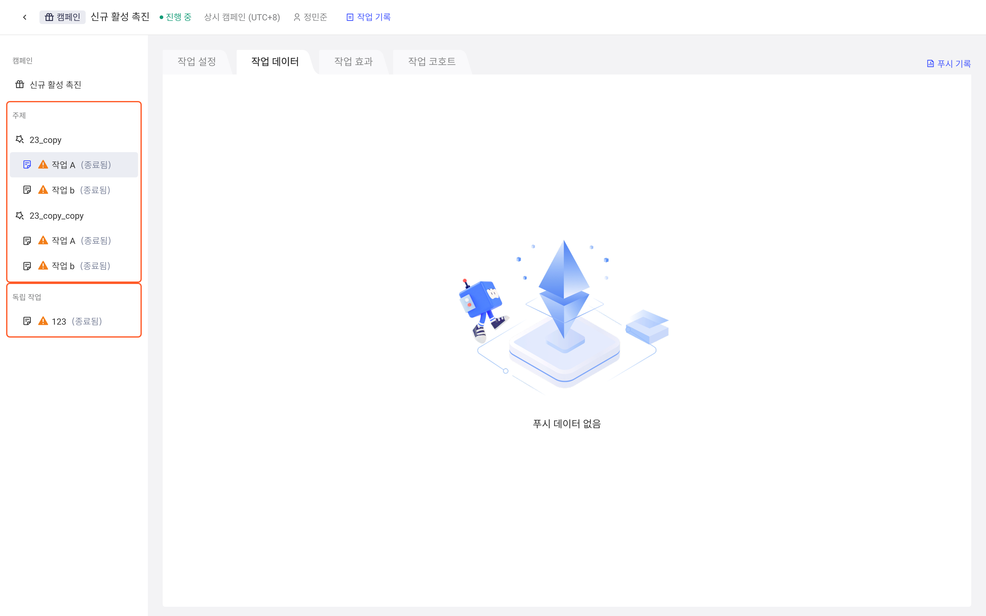 活动数据报告左侧的主题和独立任务导航，点击任务可查看该任务的数据表现