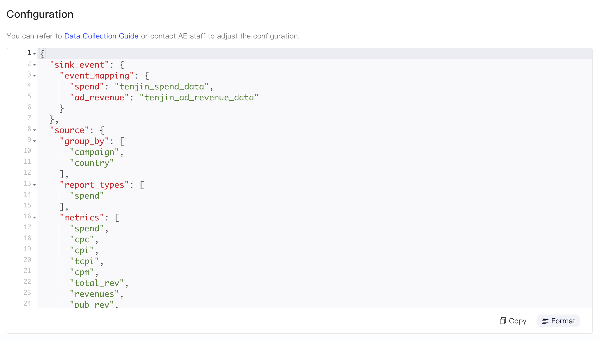 集成配置中格式化后的 JSON，含 event_mapping、group_by、report_types 和 metrics
