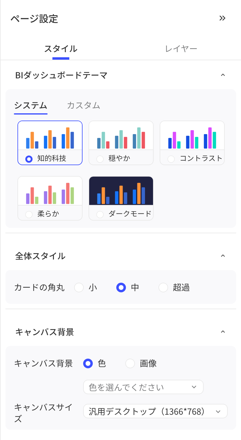 页面设置「样式」页签：仪表盘主题、卡片圆角、画布背景与尺寸