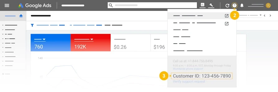 Google Ads 后台右上角帮助菜单，标出菜单底部的 Customer ID