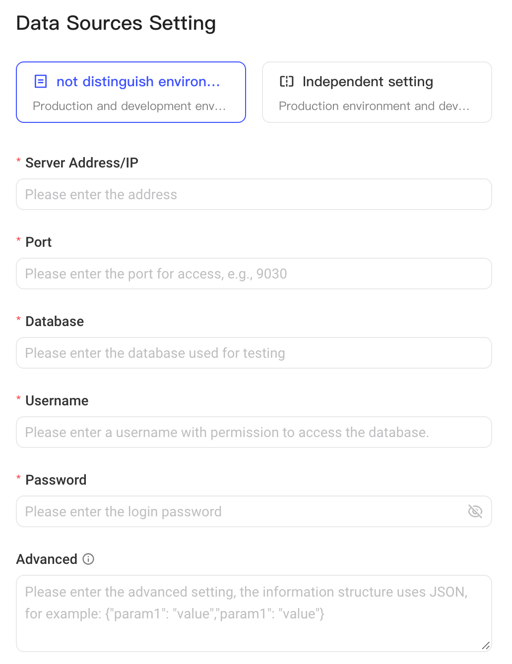 SelectDB 数据源配置表单：环境配置方式、服务地址/IP、端口、数据库、用户名、密码和高级配置