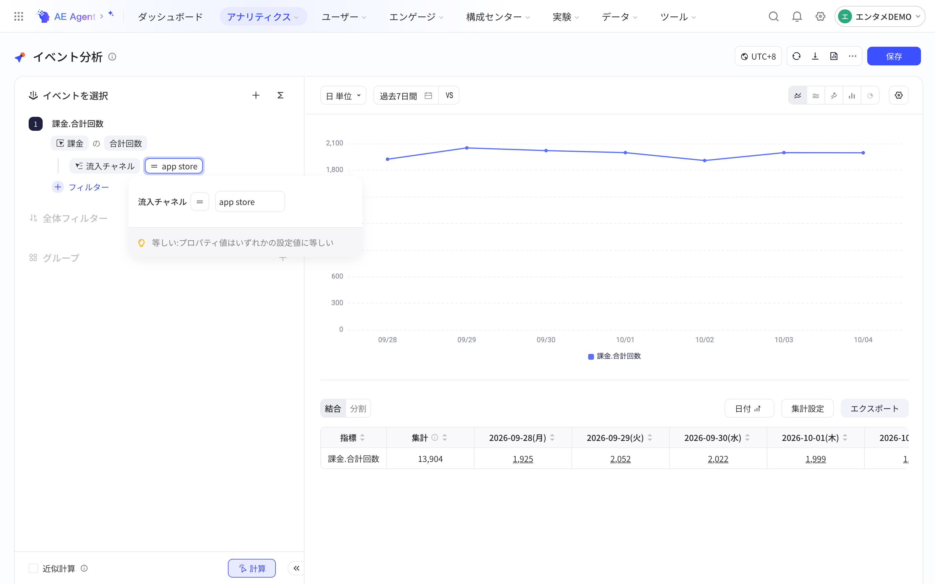 事件分析页：付费指标加了「来源渠道 等于 app store」筛选，展开条件编辑浮层