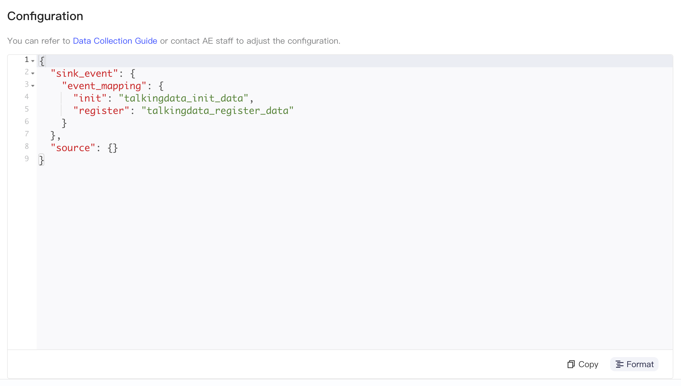 TalkingData 方案的集成配置 JSON，把 init、register 映射为入库事件名