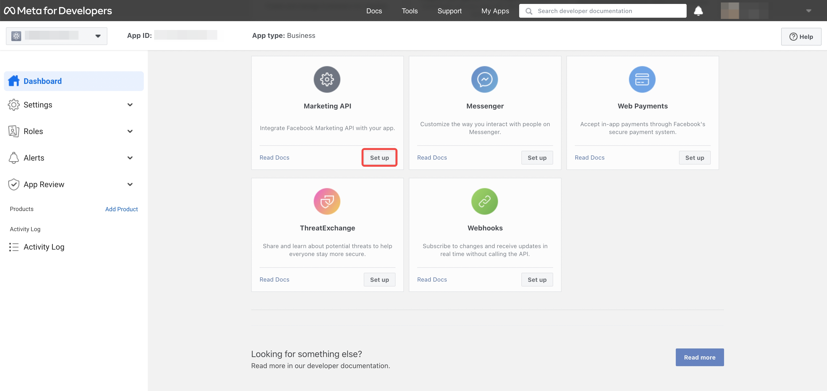 Meta 应用 Dashboard 的产品卡片，框出 Marketing API 的「Set up」按钮