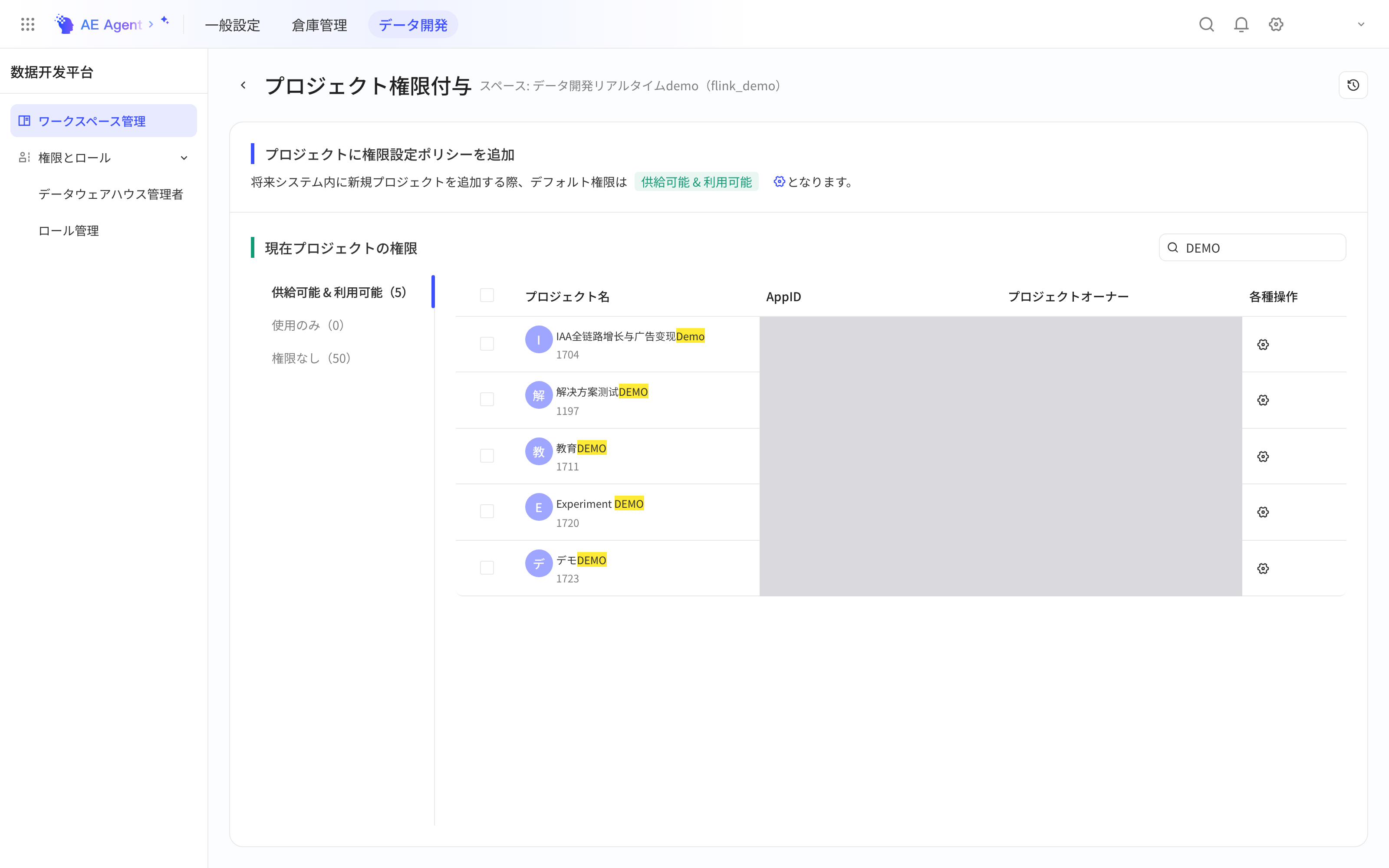 空间的项目授权页：新增项目的默认权限，以及按可供给、仅可使用、无授权分组的项目列表