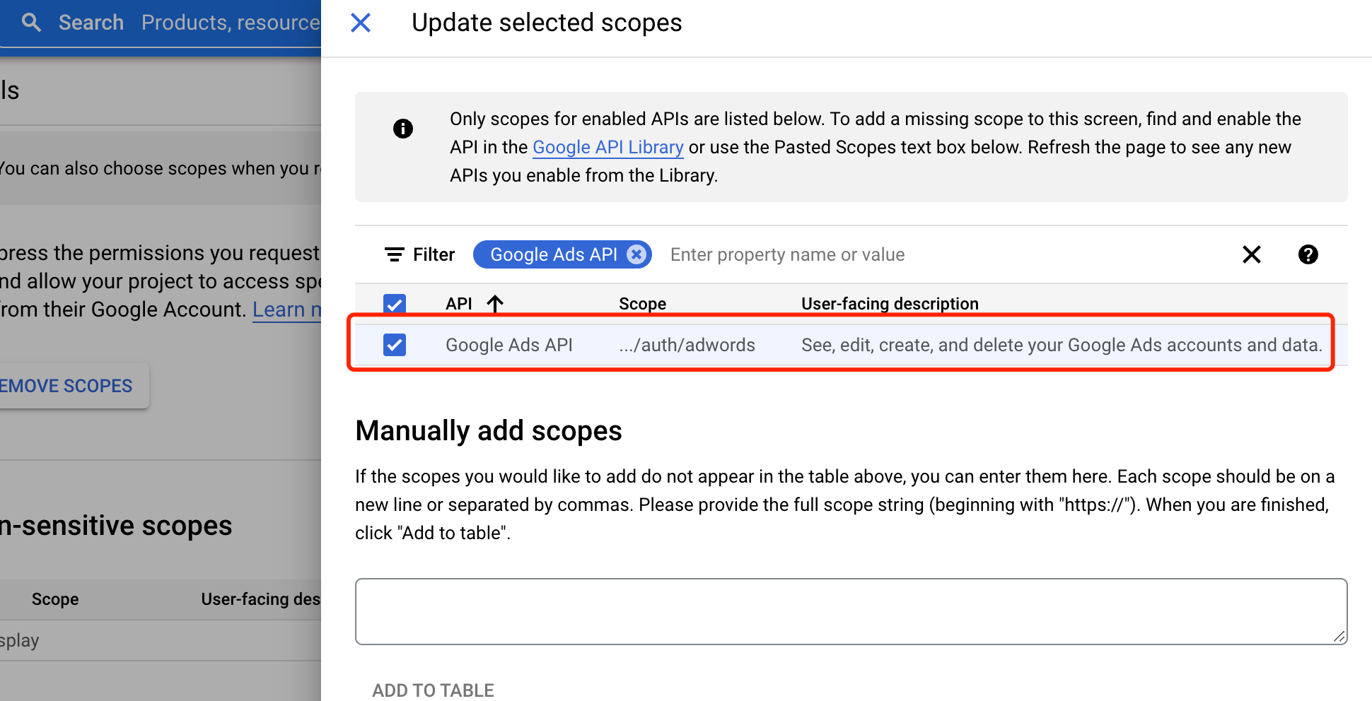 Update selected scopes 面板，框出已勾选的 Google Ads API 范围