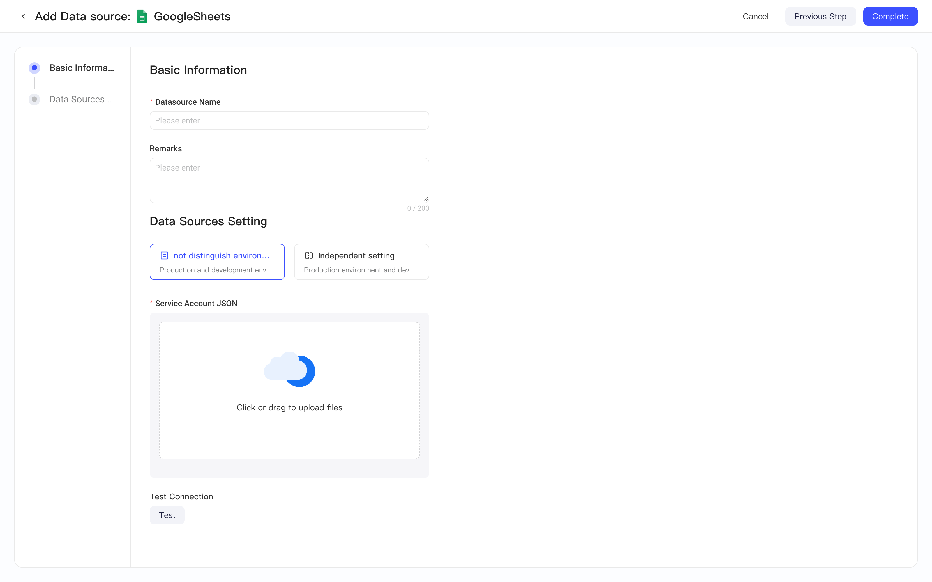 新增 GoogleSheets 数据源，上传 Service Account JSON 并通过连通性测试
