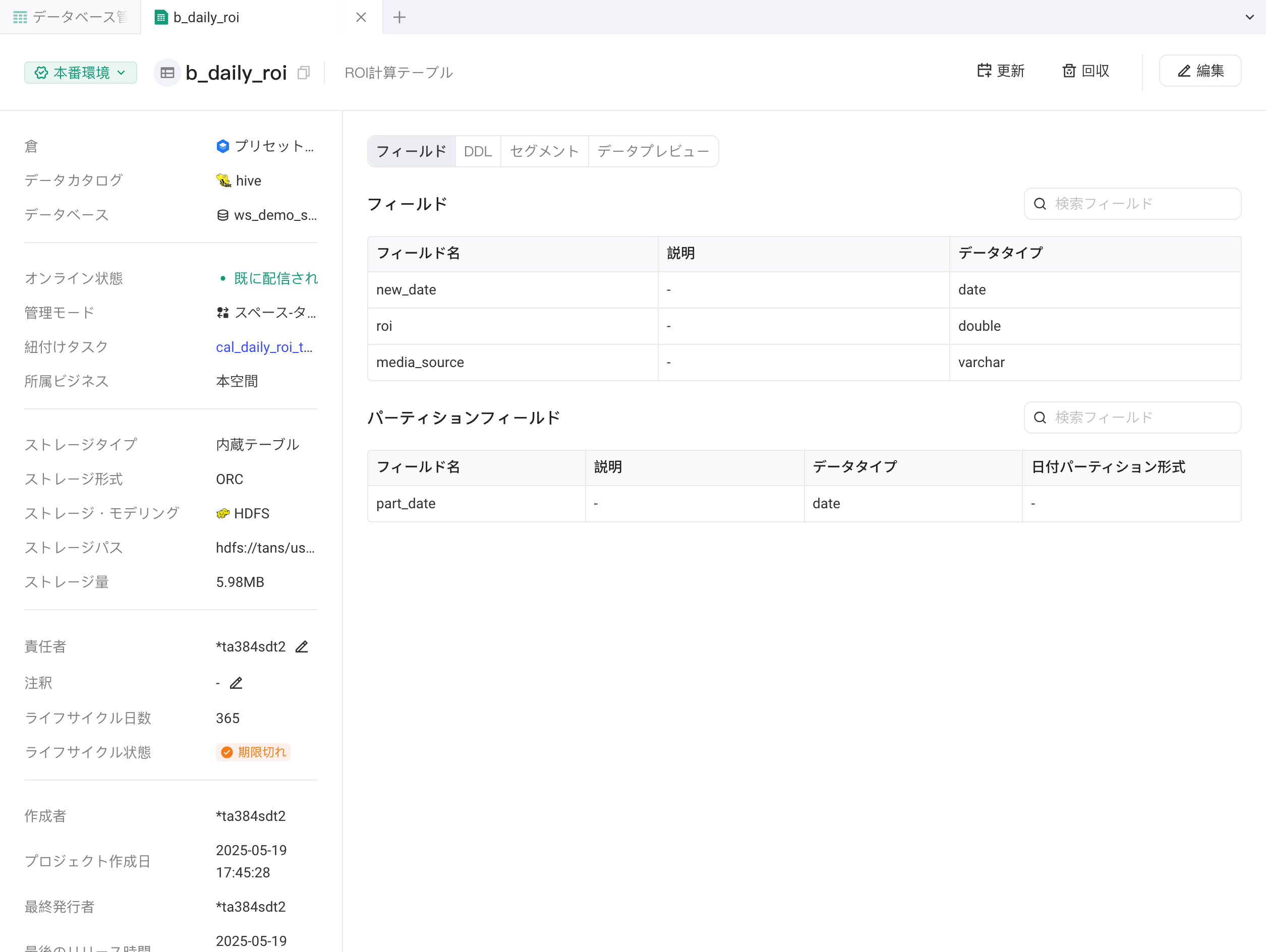 表详情页签：环境切换、续期回收编辑按钮，左栏表的基本信息，右侧字段列表