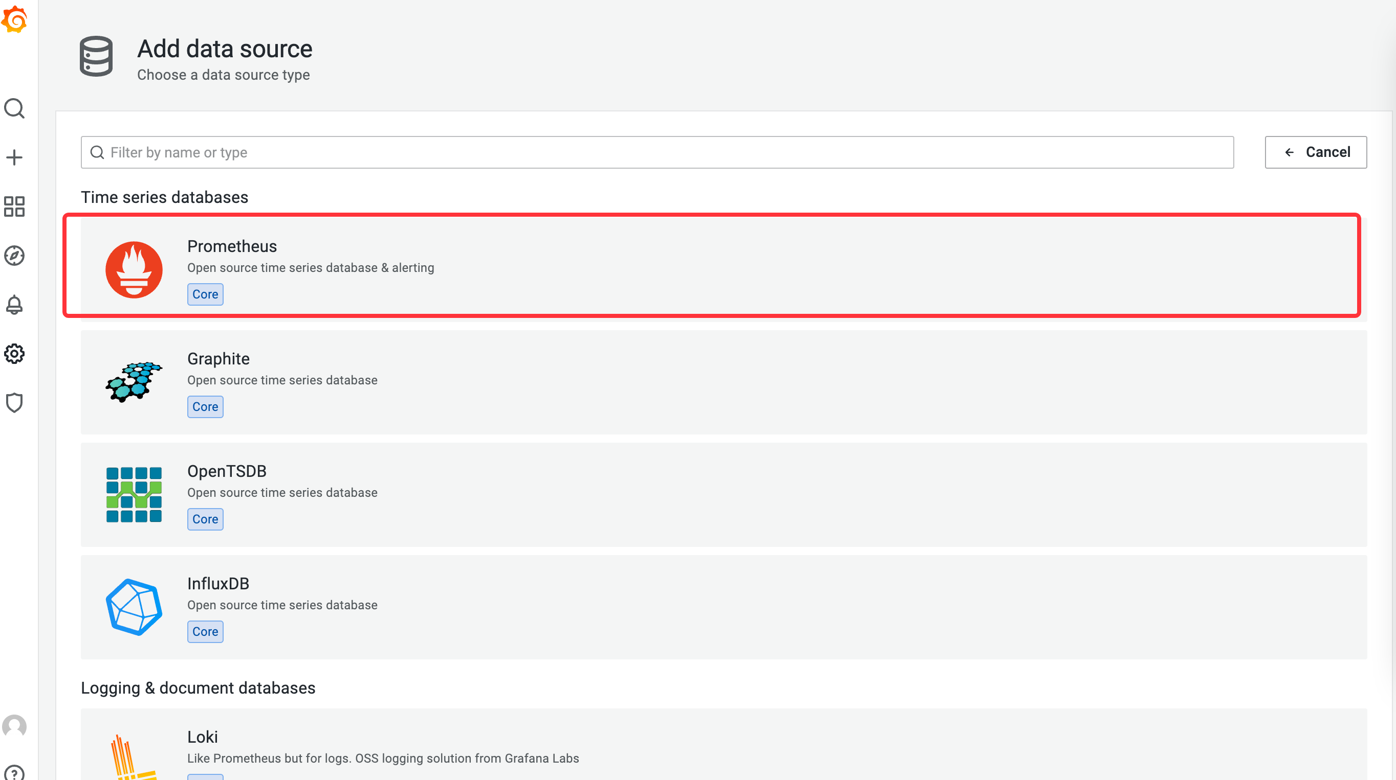 Grafana「Add data source」页的数据源类型列表，框出 Time series databases 下的 Prometheus