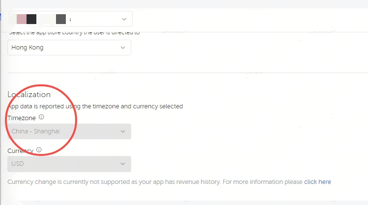 AppsFlyer 应用设置的 Localization 区，红圈标出时区 China - Shanghai