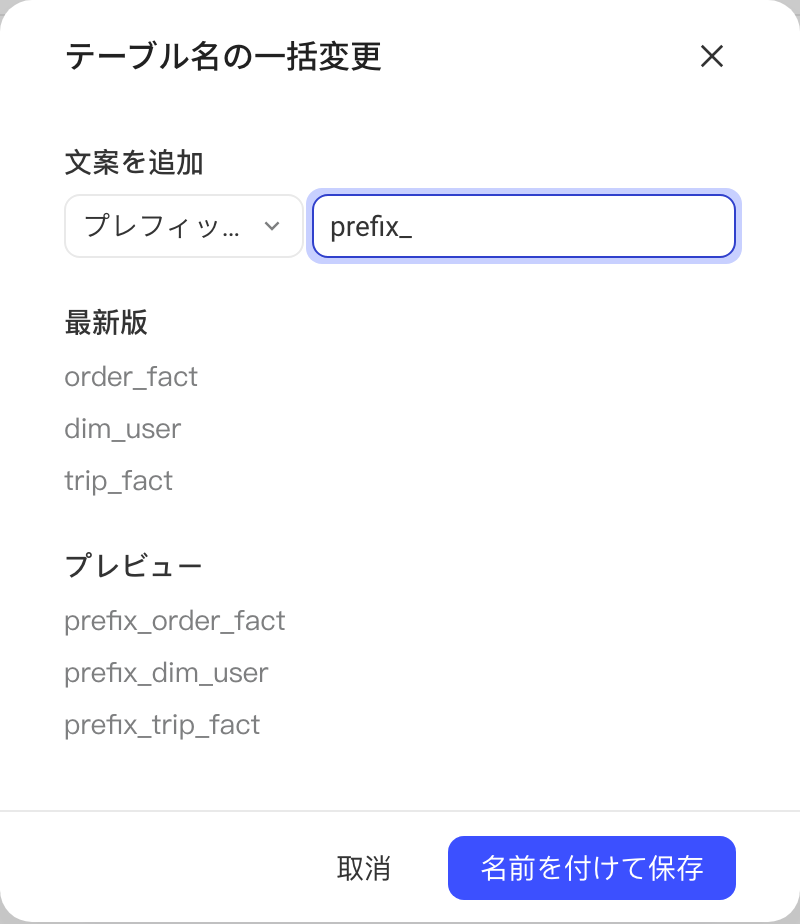 批量修改表名弹窗：添加前缀 prefix_，下方对比当前视图名和预览的新名字