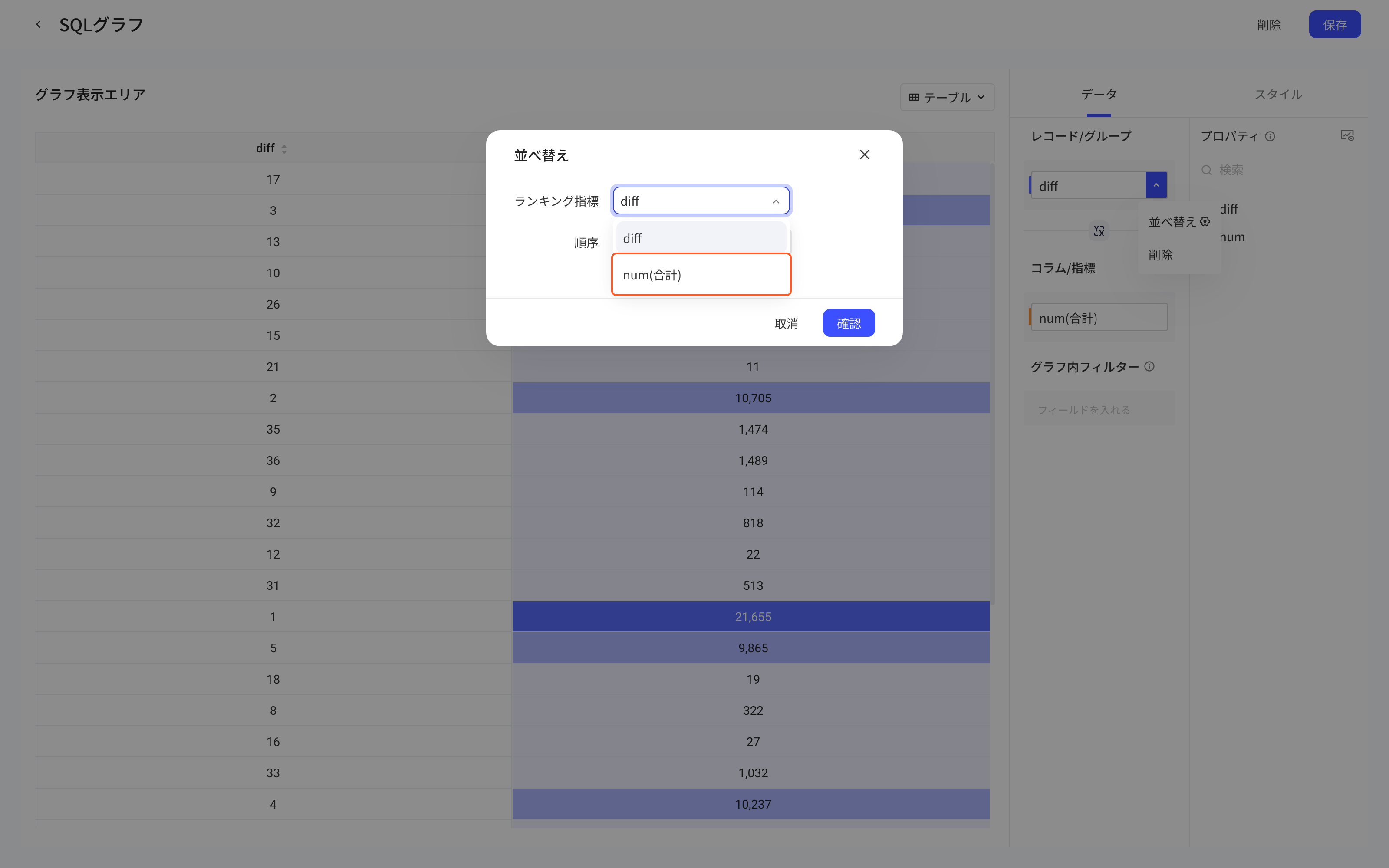 一维表分组字段的排序弹窗，排名指标下拉里框出指标选项