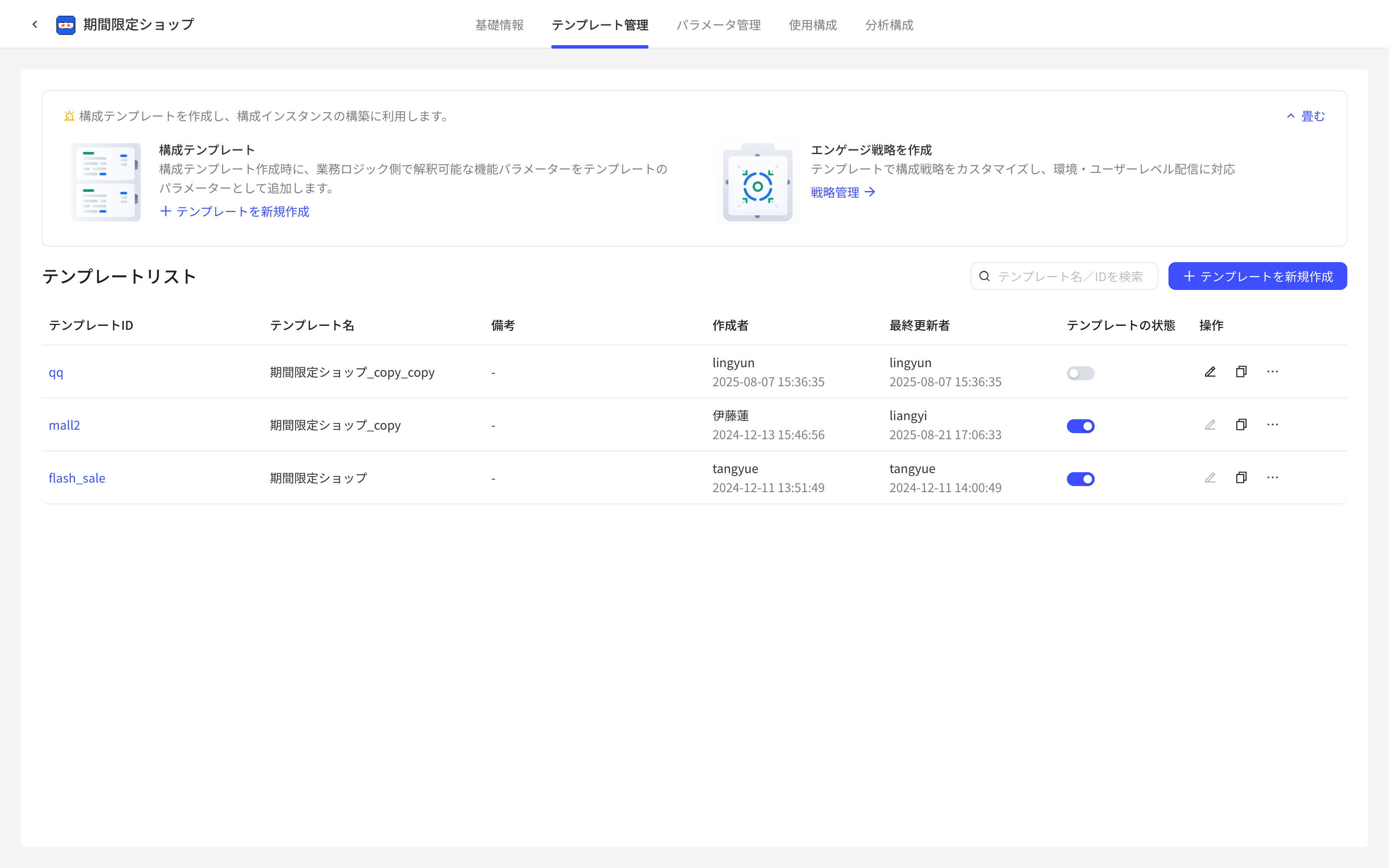 配置项详情的模板管理页，模板列表显示模板 ID、名称、创建人和启用状态开关