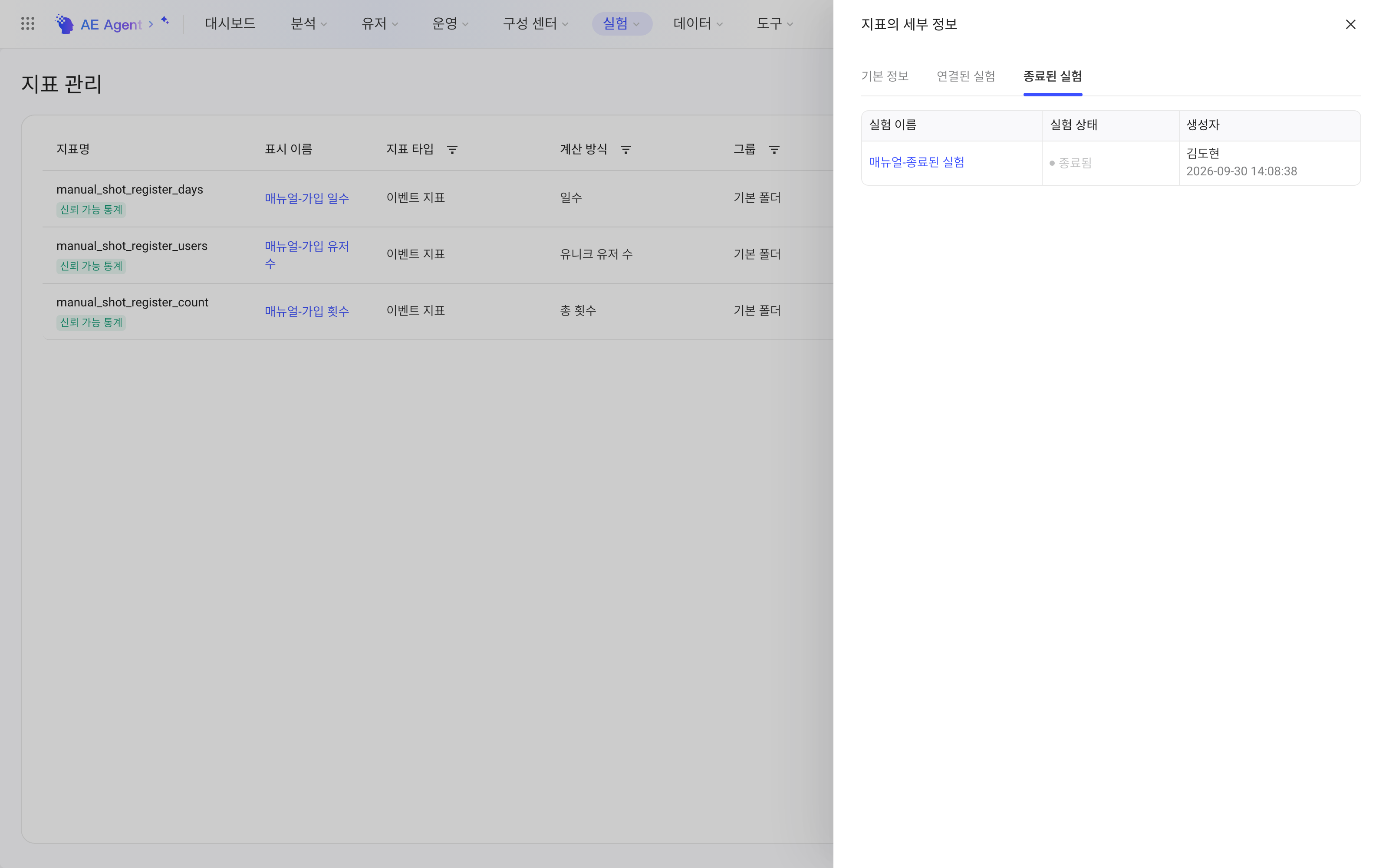 指标详情抽屉的已结束实验页，列出引用过该指标的已结束实验