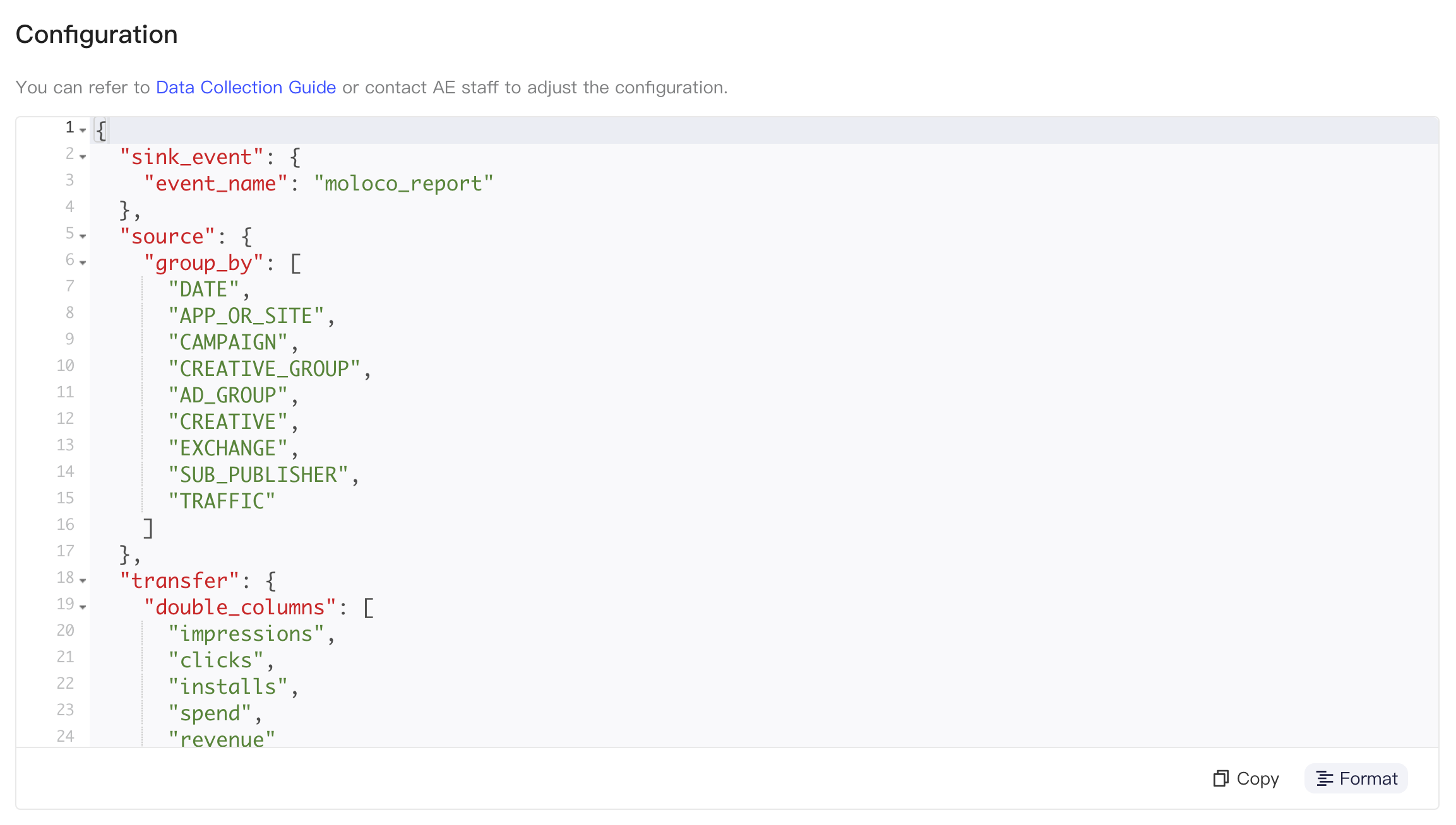 Moloco Report API 的集成配置 JSON，含入库事件名、分组维度和数值字段
