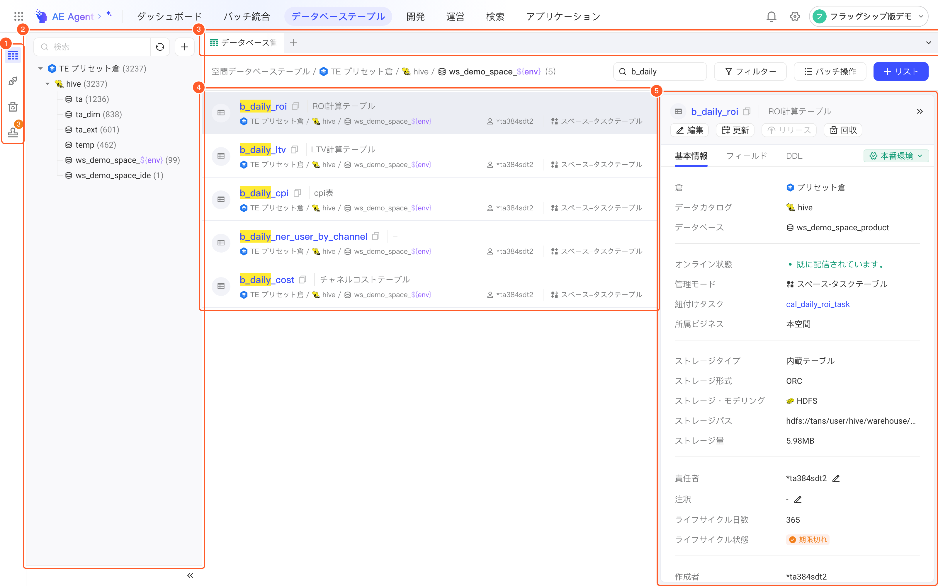 库表模块整体布局，编号标出功能切换区、字典区、页签区、页面内容区和抽屉区