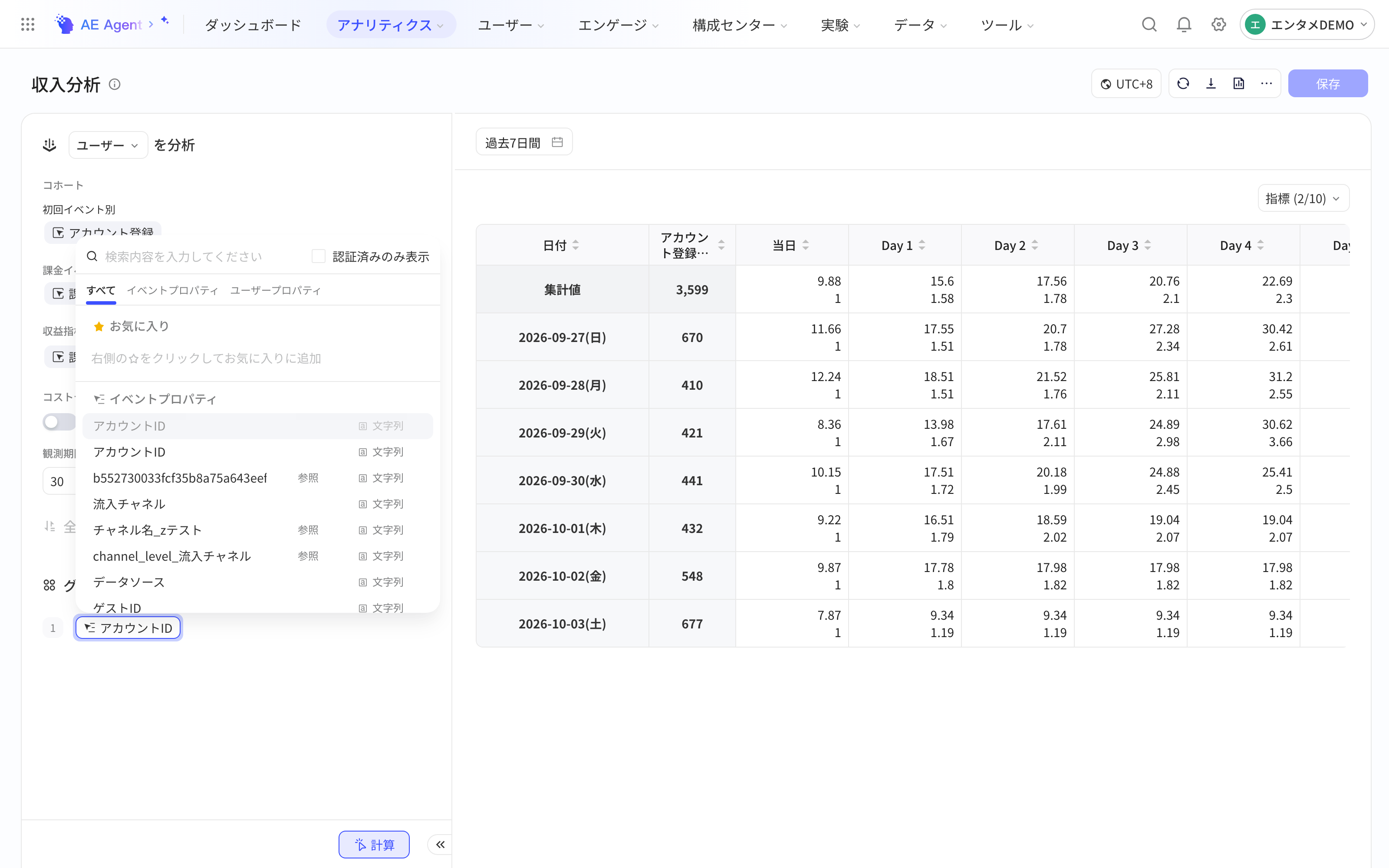 收入分析新增分组项并展开分组属性下拉
