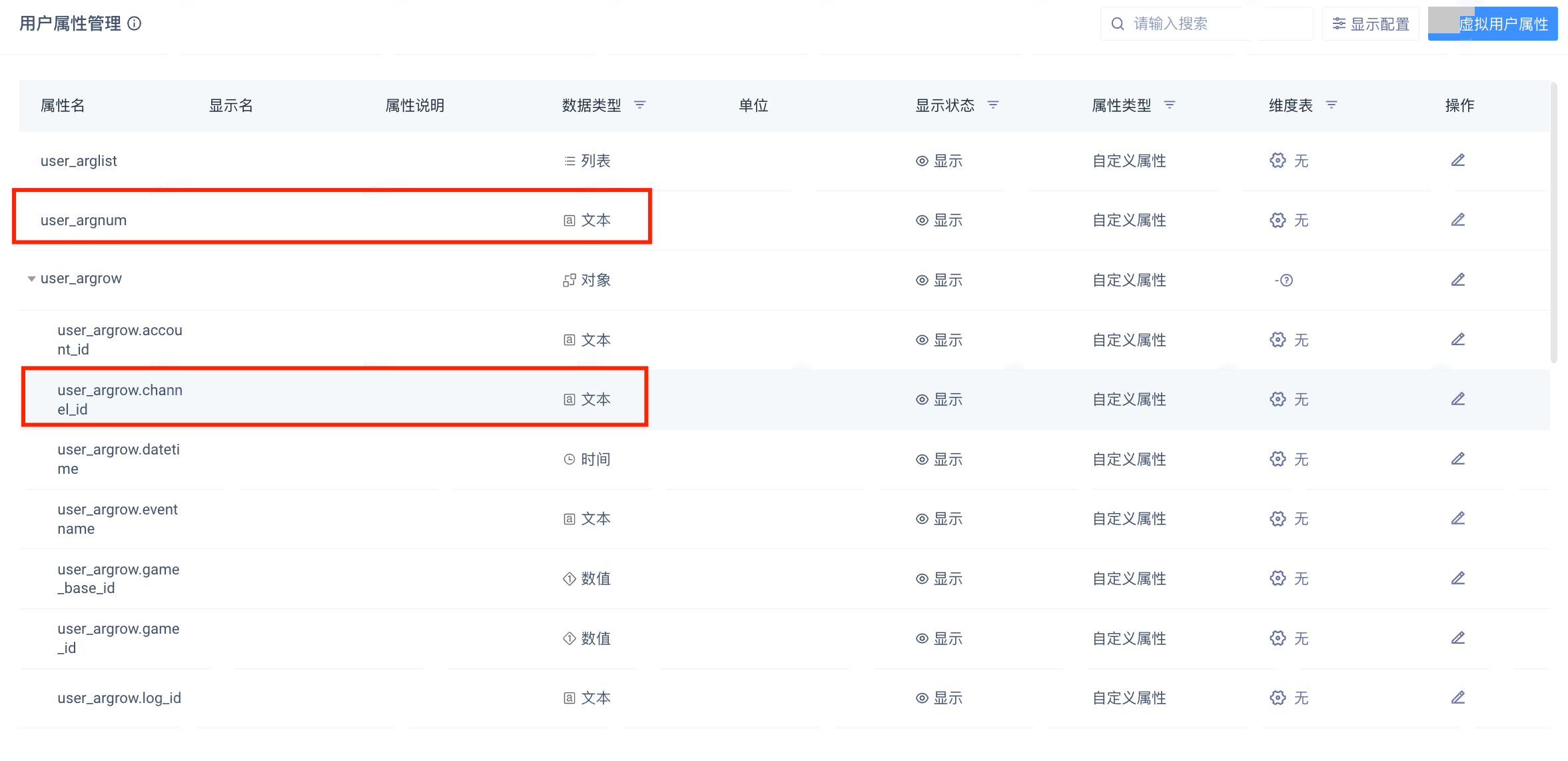 元数据管理工具执行后的用户属性列表，框出类型已改为文本的 user_argnum 和子属性 channel_id