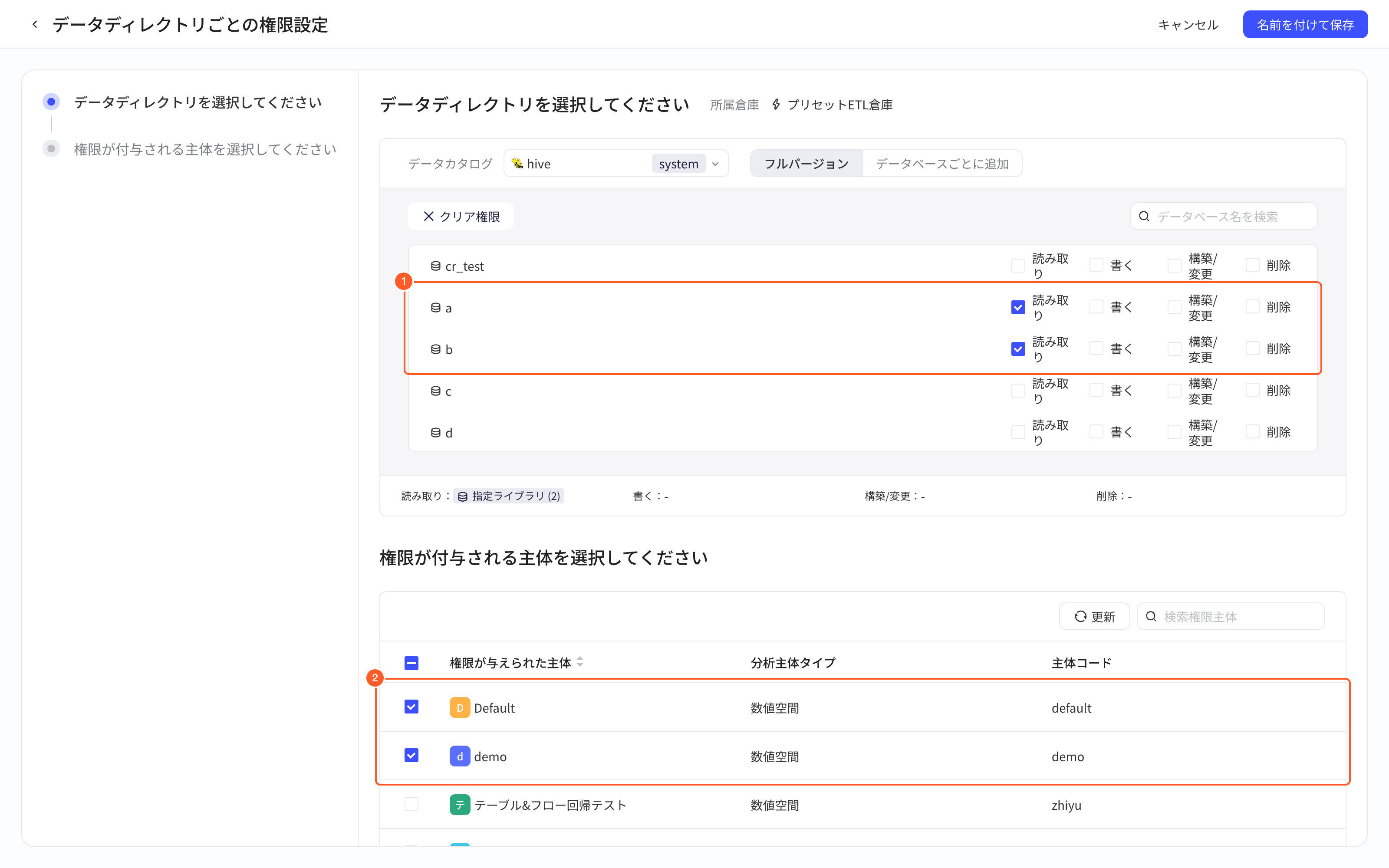 按数据目录授权编辑页，给 hive 下库 a、b 勾选读权限，并选中主体 Default、demo