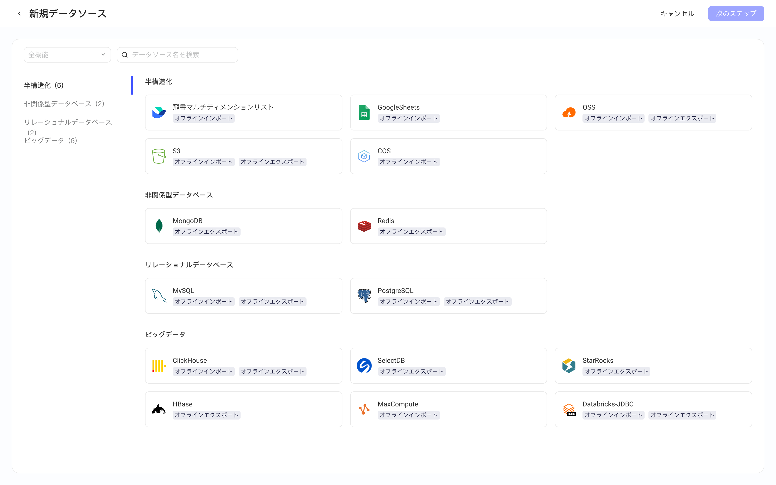 新增数据源页按类别列出可接入的数据源类型，卡片标出离线读、离线写能力