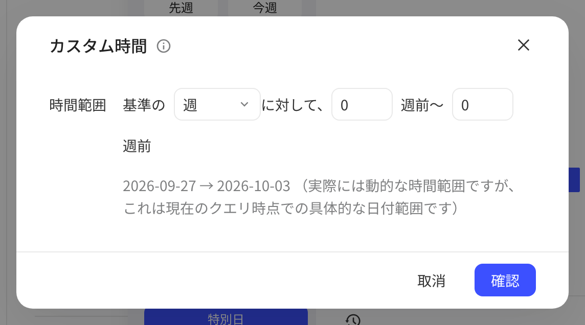 「自定义时间」弹窗，以相对本季度的偏移量配置动态分析时段