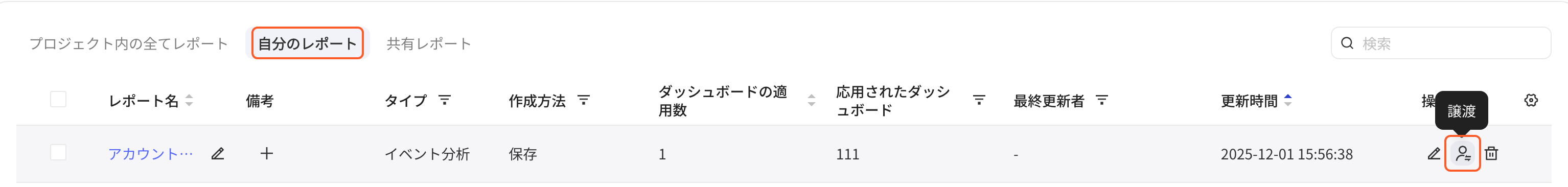 报表管理「我的报表」页签，框出报表行的「移交」操作