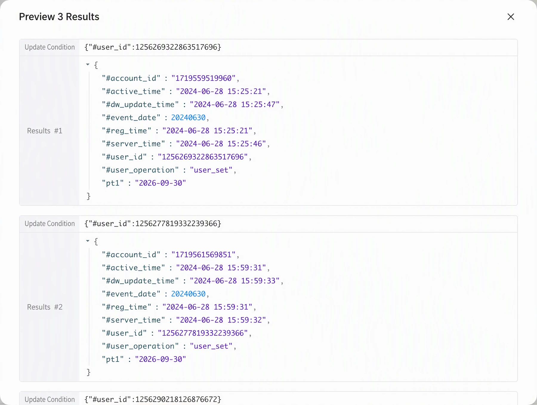 「预览3条写入结果」弹窗展示写入 MongoDB 的样例 JSON，框出「预览结果」按钮