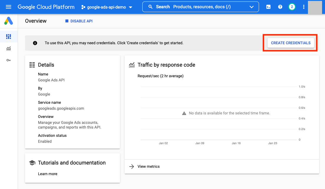 Google Ads API 概览页顶部提示条，框出 CREATE CREDENTIALS 按钮