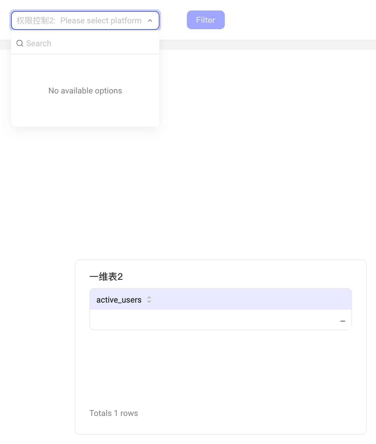 没有可用候选项时，权限控制筛选器显示「无可用候选项」，查询结果为 0