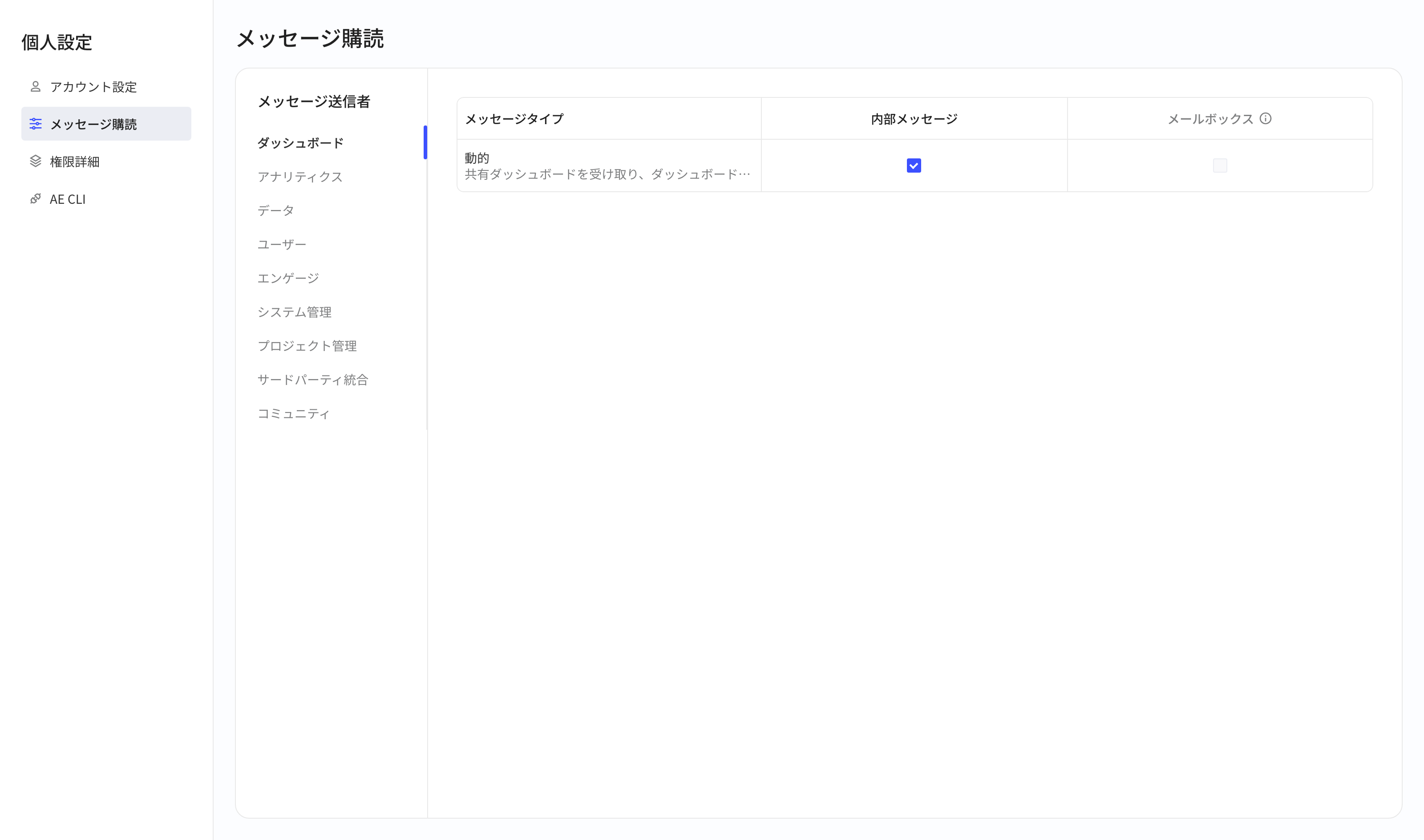 个人中心消息订阅页，按消息发送者列出消息类型及各通道的订阅勾选